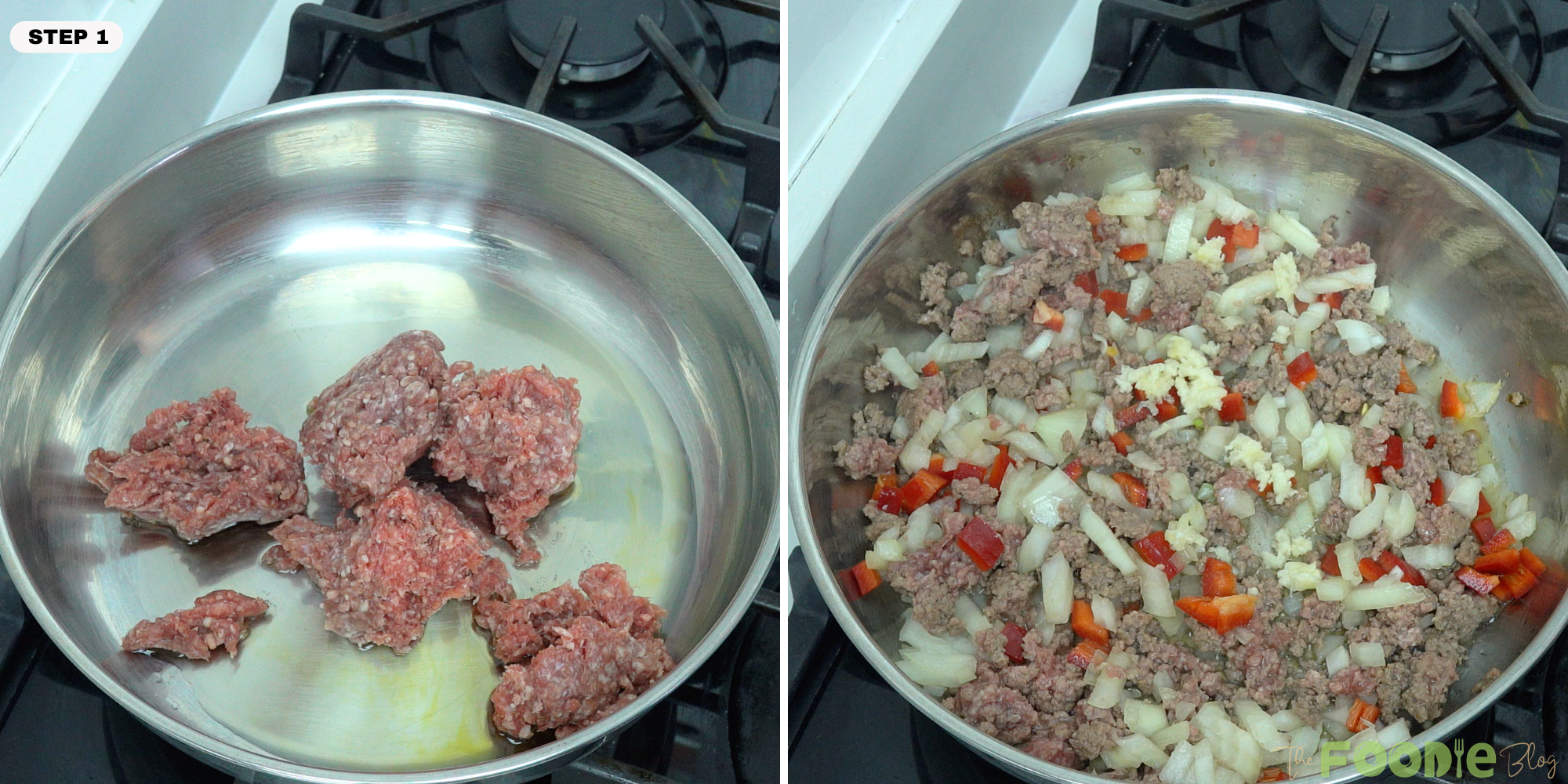 ground beef cooking in a skillet, then mixed with onion, red bell pepper, and garlic
