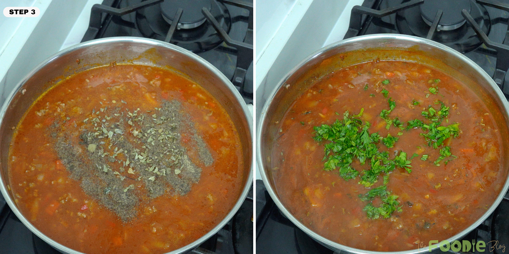 simmering meat sauce in a skillet with oregano, black pepper, and parsley added