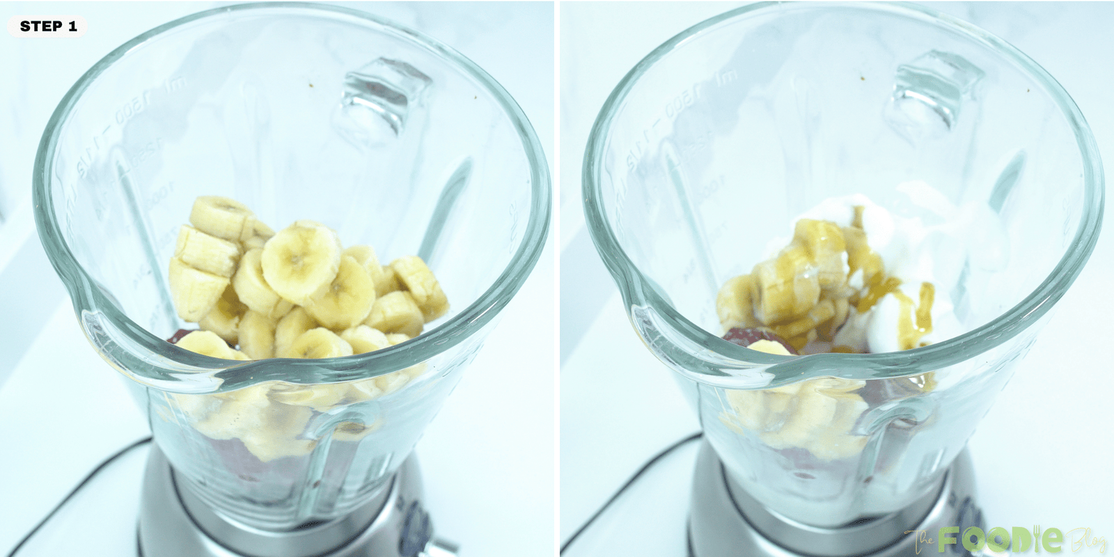 Banana, strawberries, Greek yogurt, and honey added to a blender for strawberry banana smoothie