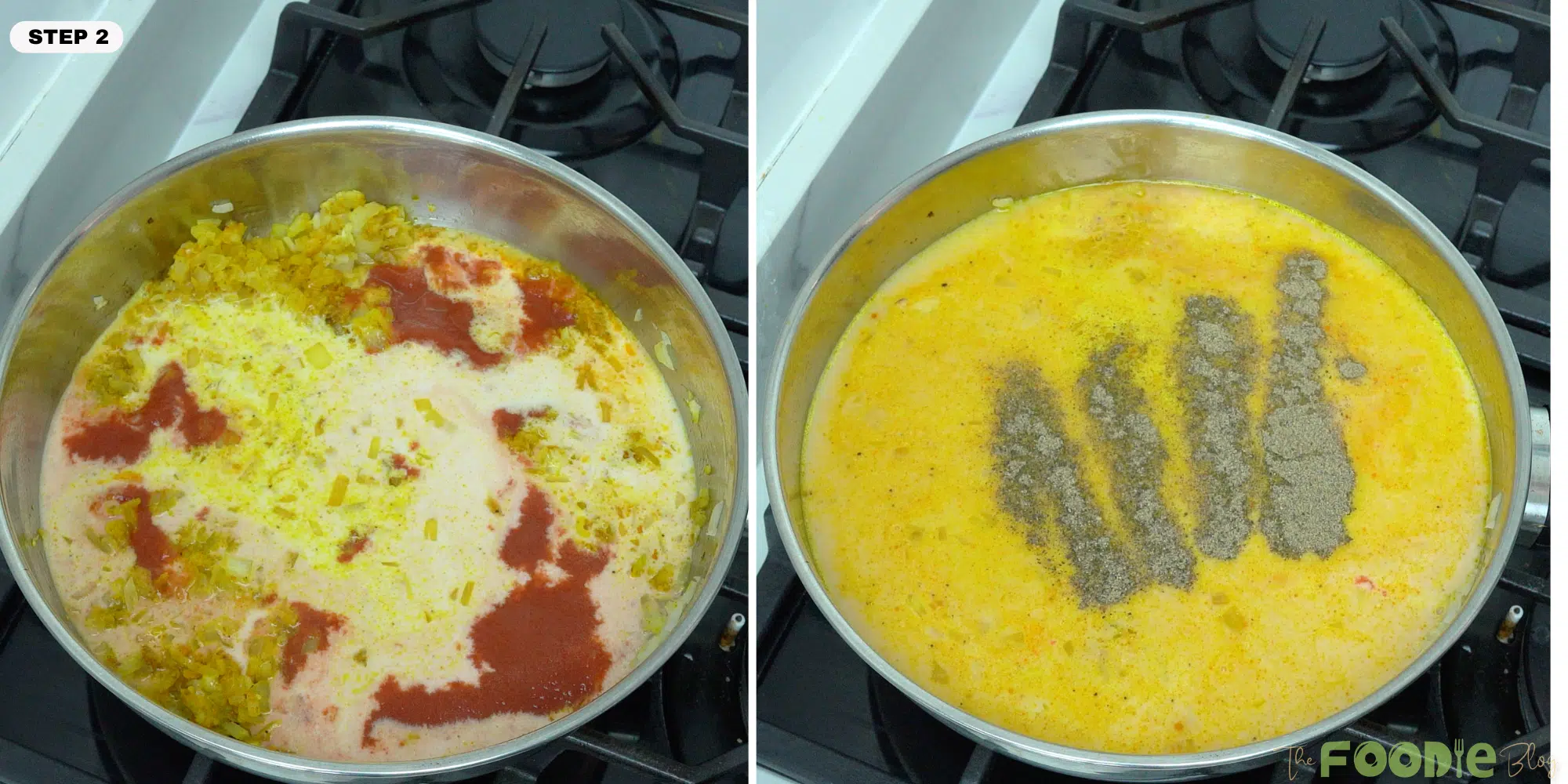 coconut milk and tomato sauce added to the spiced onion mixture in a pan