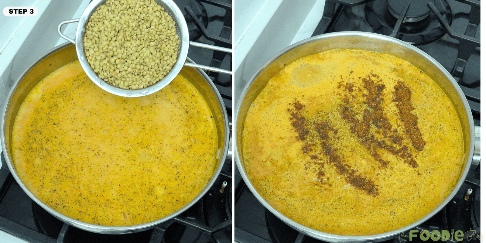 dried green lentils added to the curry base in a pan with spices on top