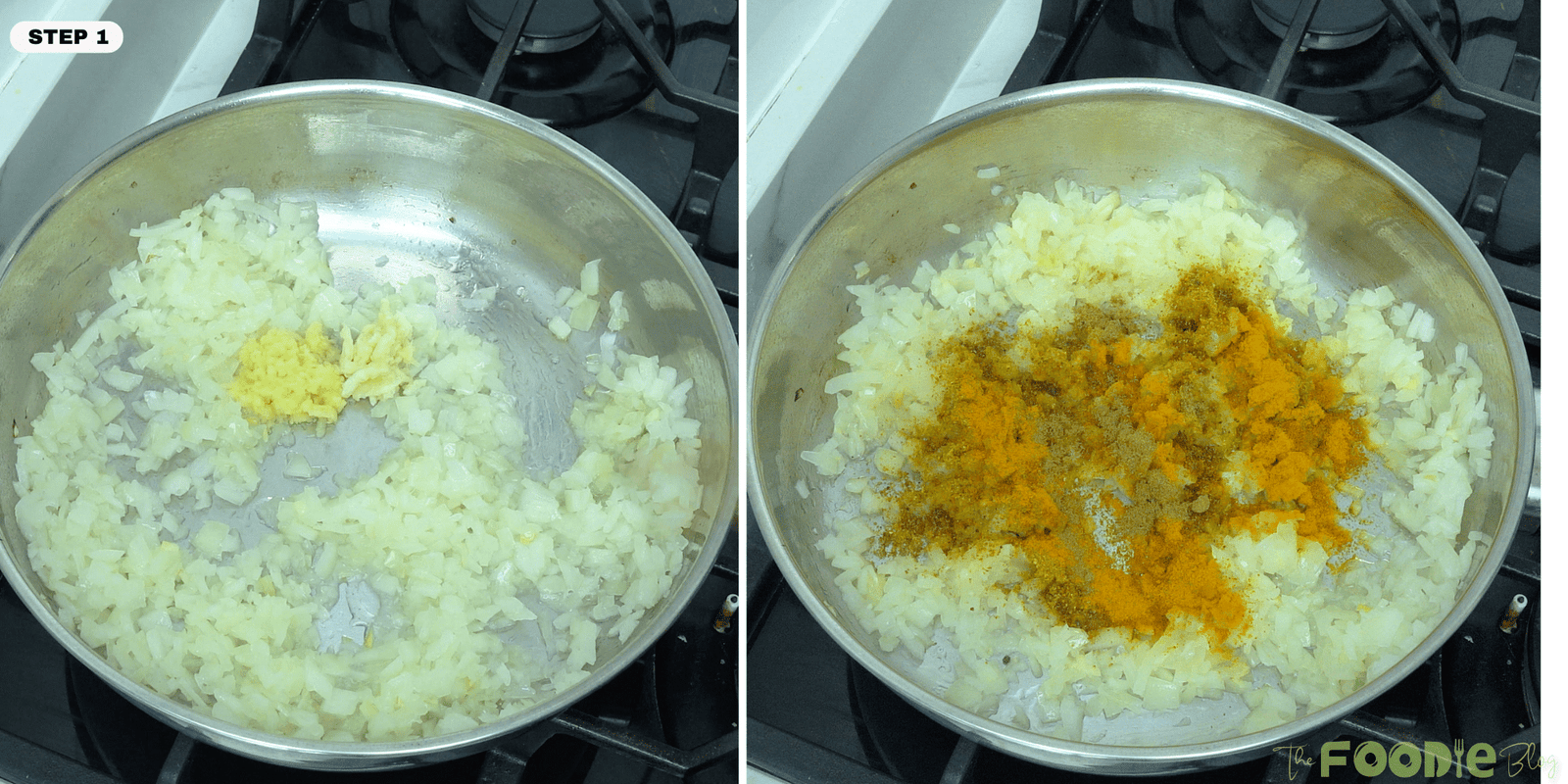 chopped onion cooking in a pan with garlic, ginger, and spices added