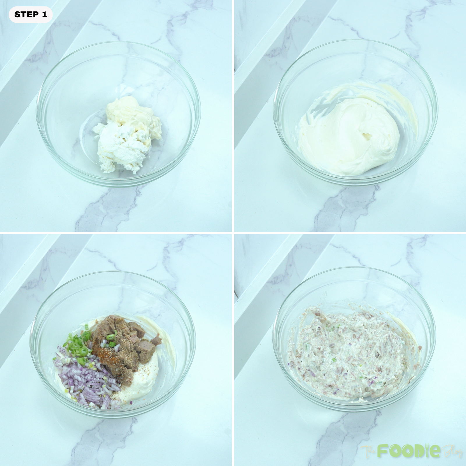 Step-by-step collage showing cream cheese and mayonnaise mixed in a bowl, then combined with tuna, onions, lemon juice, and seasonings.
