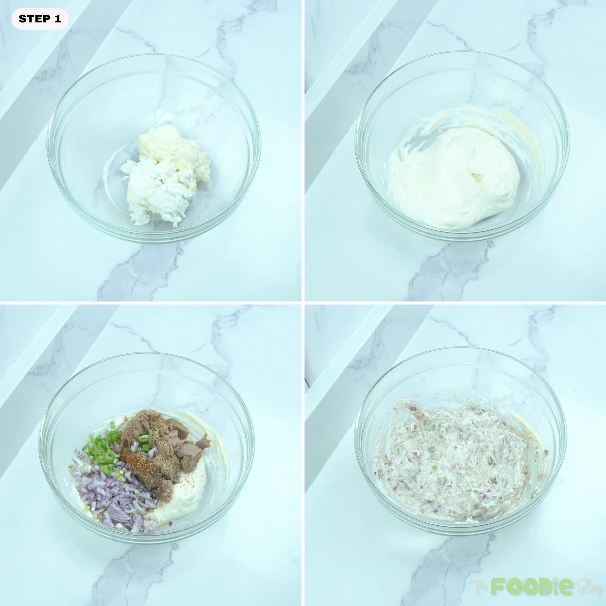 Step-by-step collage showing cream cheese and mayonnaise mixed in a bowl, then combined with tuna, onions, lemon juice, and seasonings.