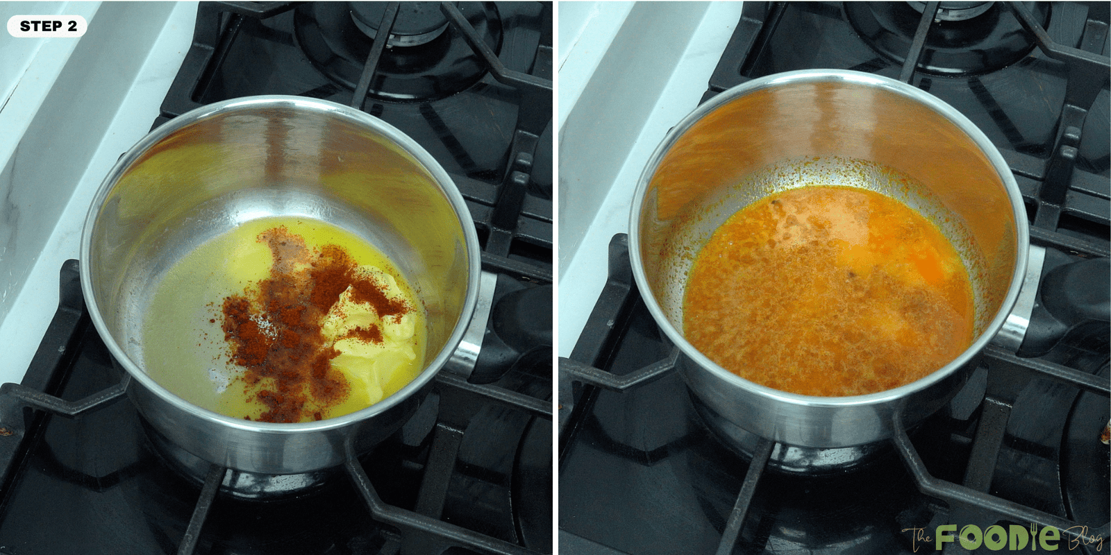 Butter and paprika melting together in a saucepan to make spiced butter for Turkish eggs