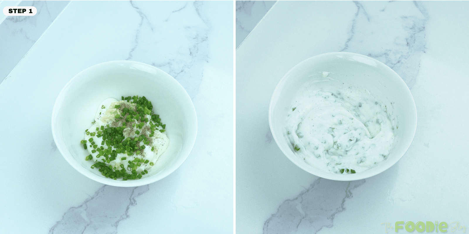 Yogurt, herbs, and seasonings in a bowl before and after mixing for Turkish eggs