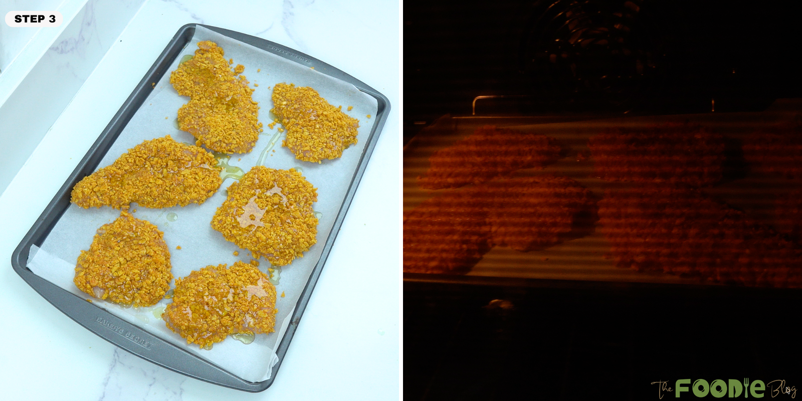 Cornflake-coated chicken pieces arranged on a parchment-lined sheet pan before baking in the oven.
