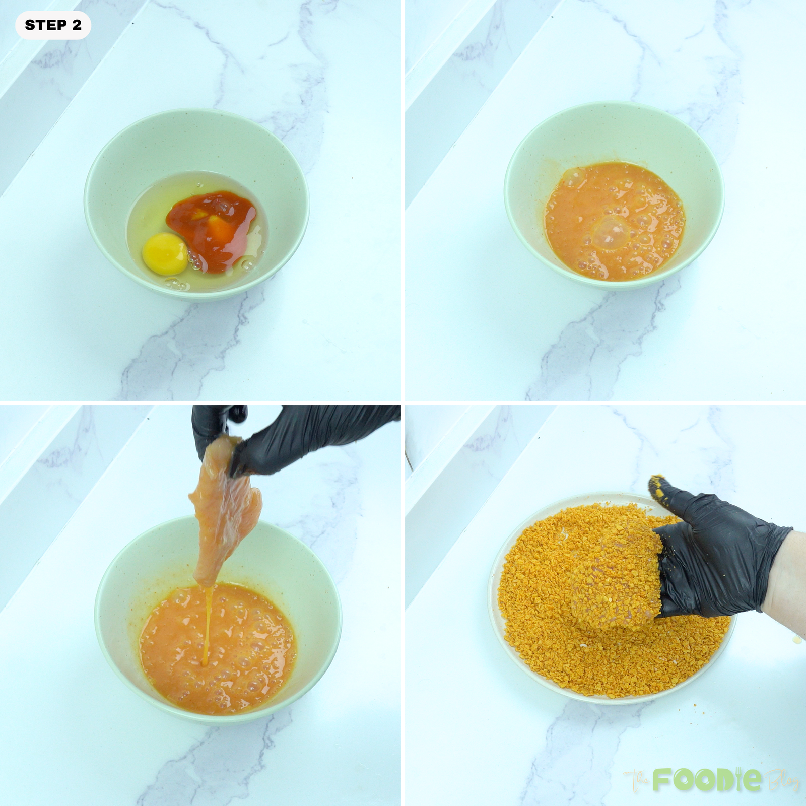 Chicken tenderloin dipped in an egg and hot sauce mixture, then pressed into crushed cornflake coating.