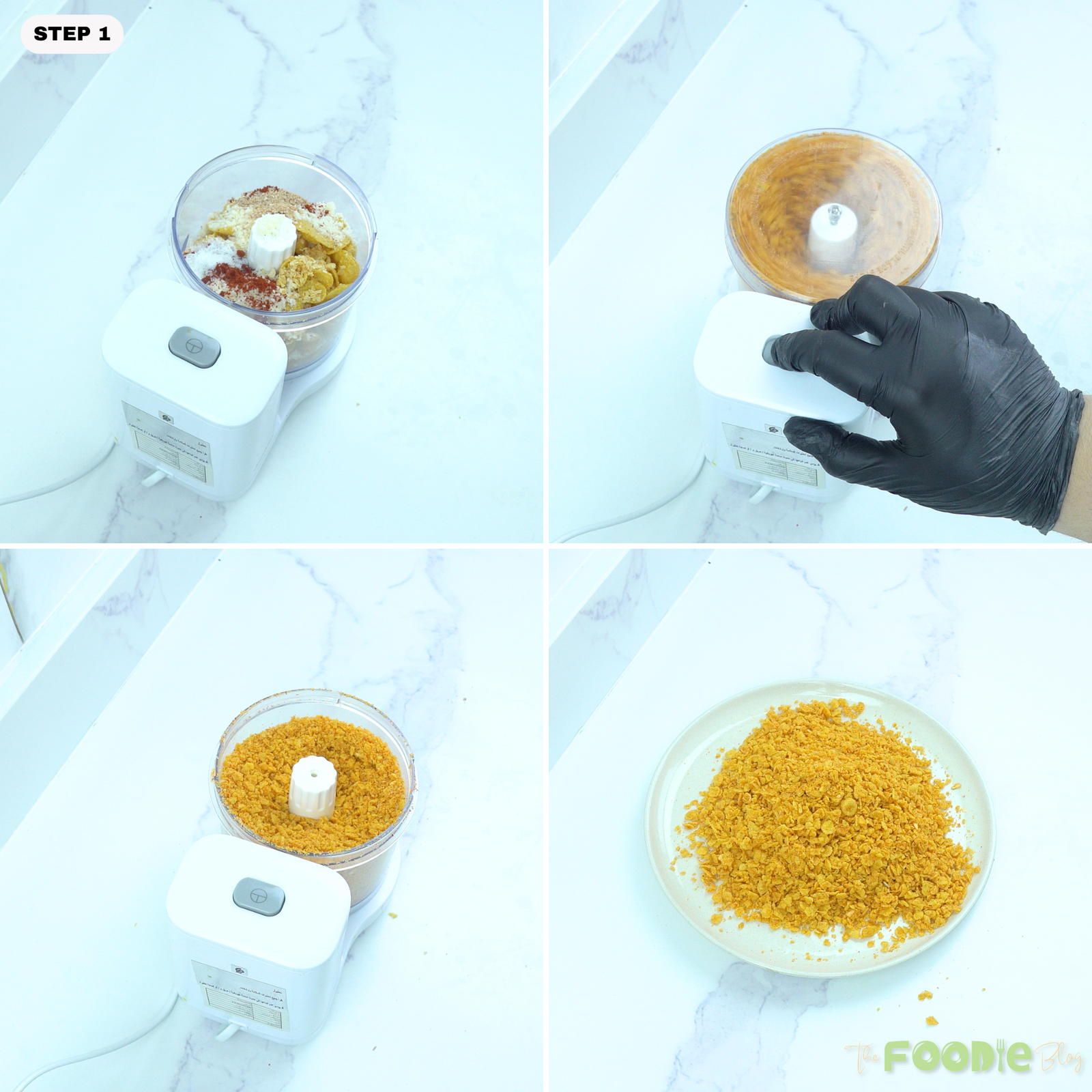 Cornflakes, Parmesan, smoked paprika, garlic powder, onion powder, and salt being pulsed in a food processor for the chicken coating.