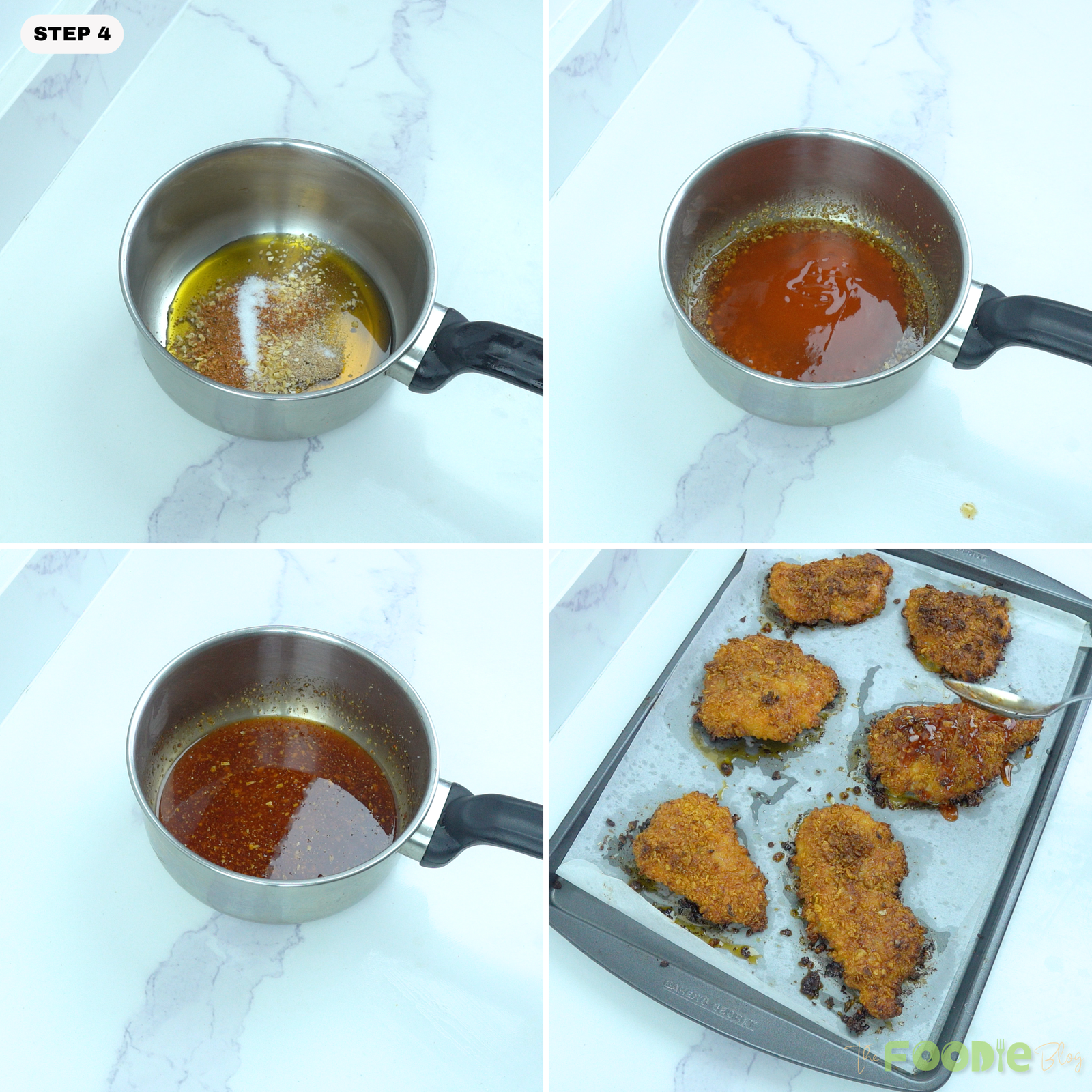 Hot honey sauce being warmed in a small saucepan, then spooned over crispy baked chicken on a sheet pan.
