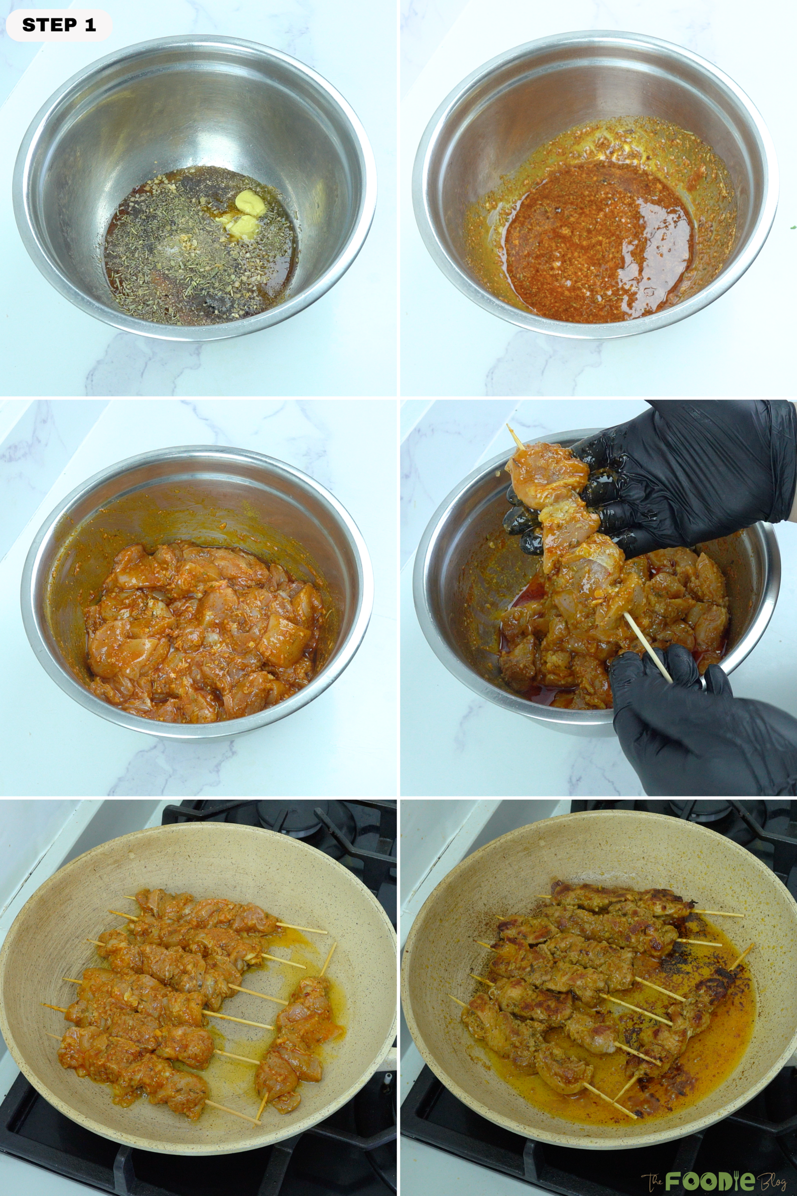 Step-by-step collage showing chicken marinade mixed, chicken coated, threaded onto skewers, and cooked in a skillet until browned.