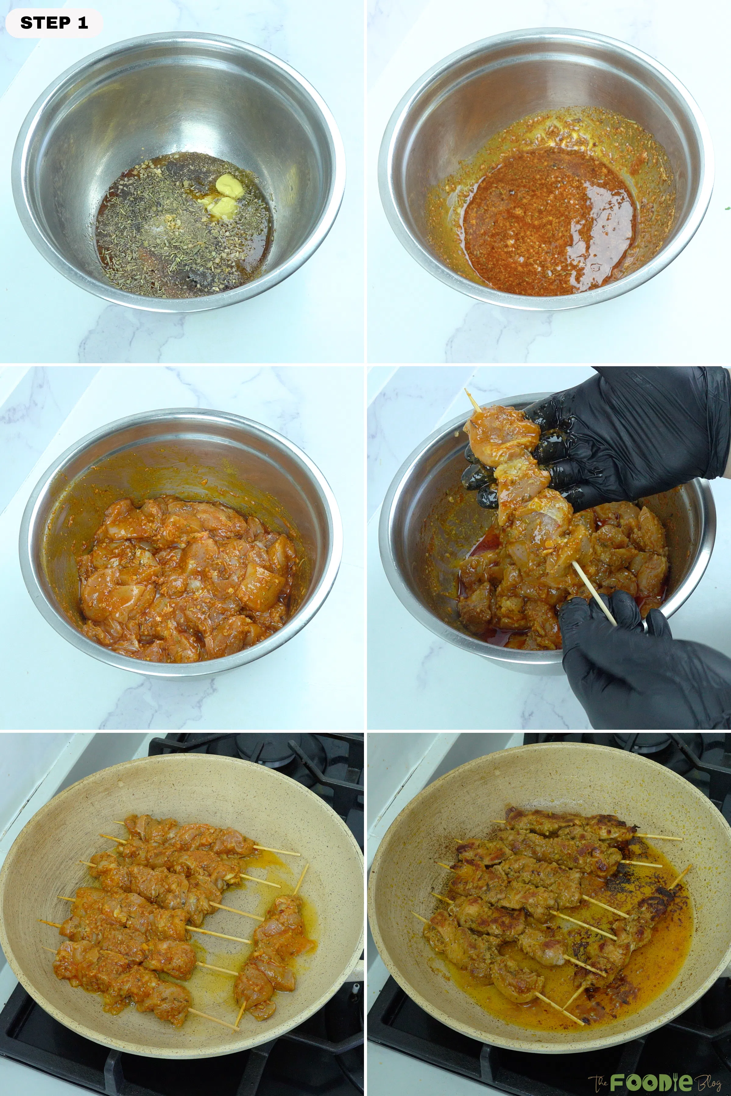 Step-by-step collage showing chicken marinade mixed, chicken coated, threaded onto skewers, and cooked in a skillet until browned.