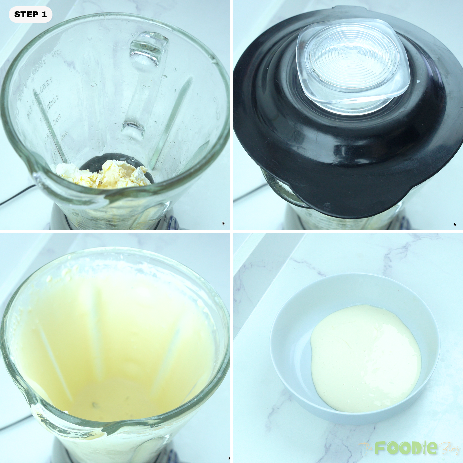 Cottage cheese being blended until smooth in a blender, then poured into a bowl for making cookie dough.