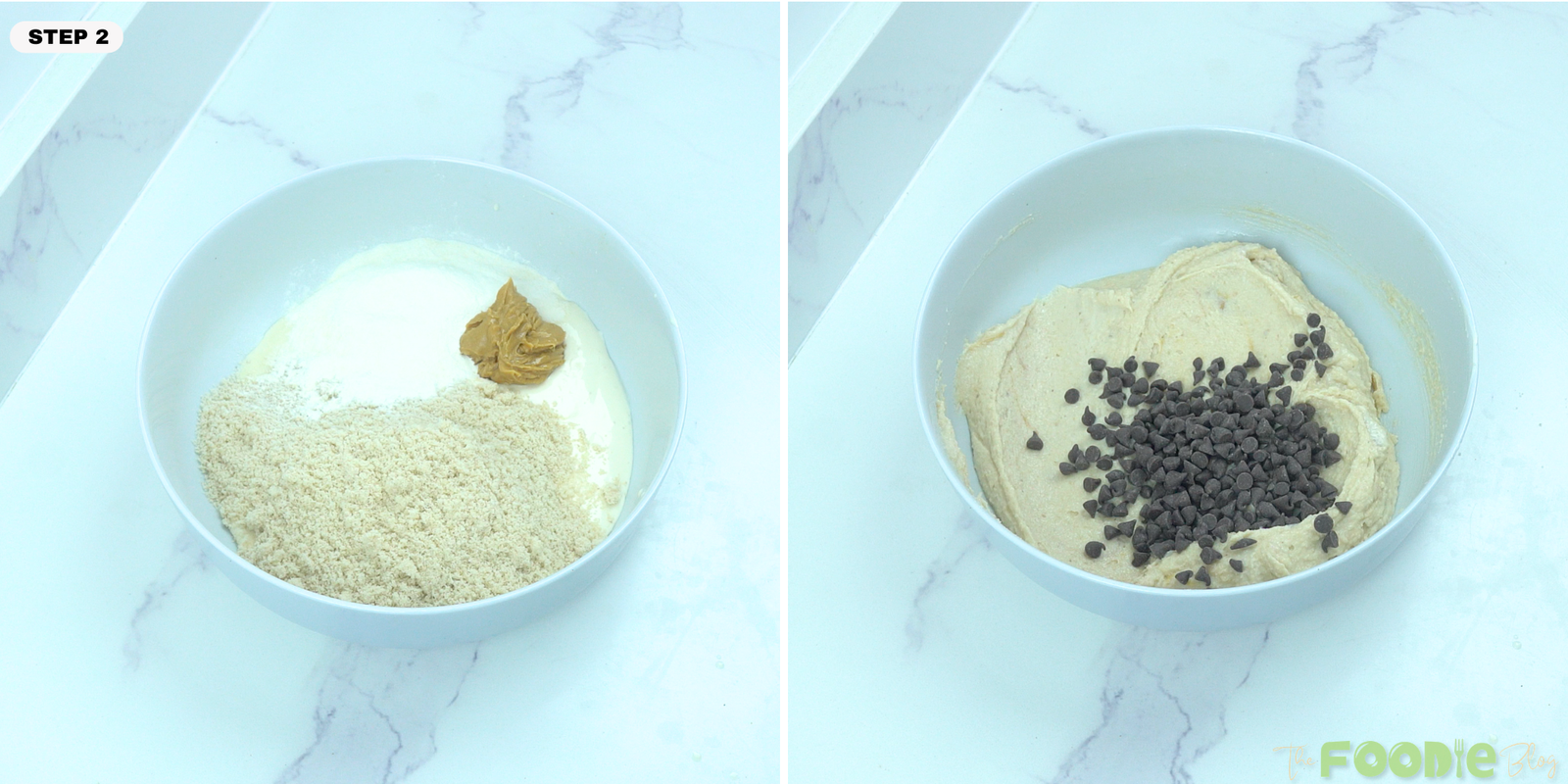 Blended cottage cheese mixed with almond flour, protein powder, peanut butter, maple syrup, vanilla, and chocolate chips in a bowl.