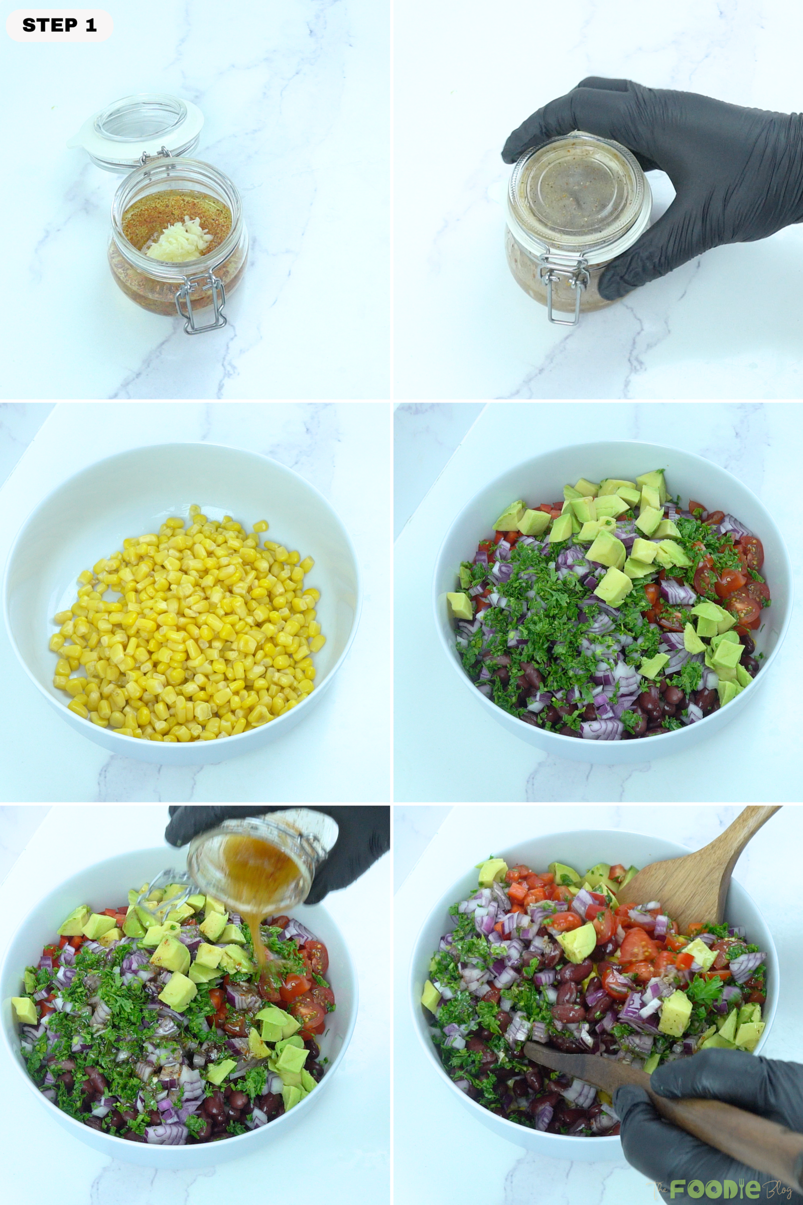 Step-by-step collage showing lime dressing shaken in a jar, corn added to a bowl, vegetables and avocado added, dressing poured over, and salad tossed.