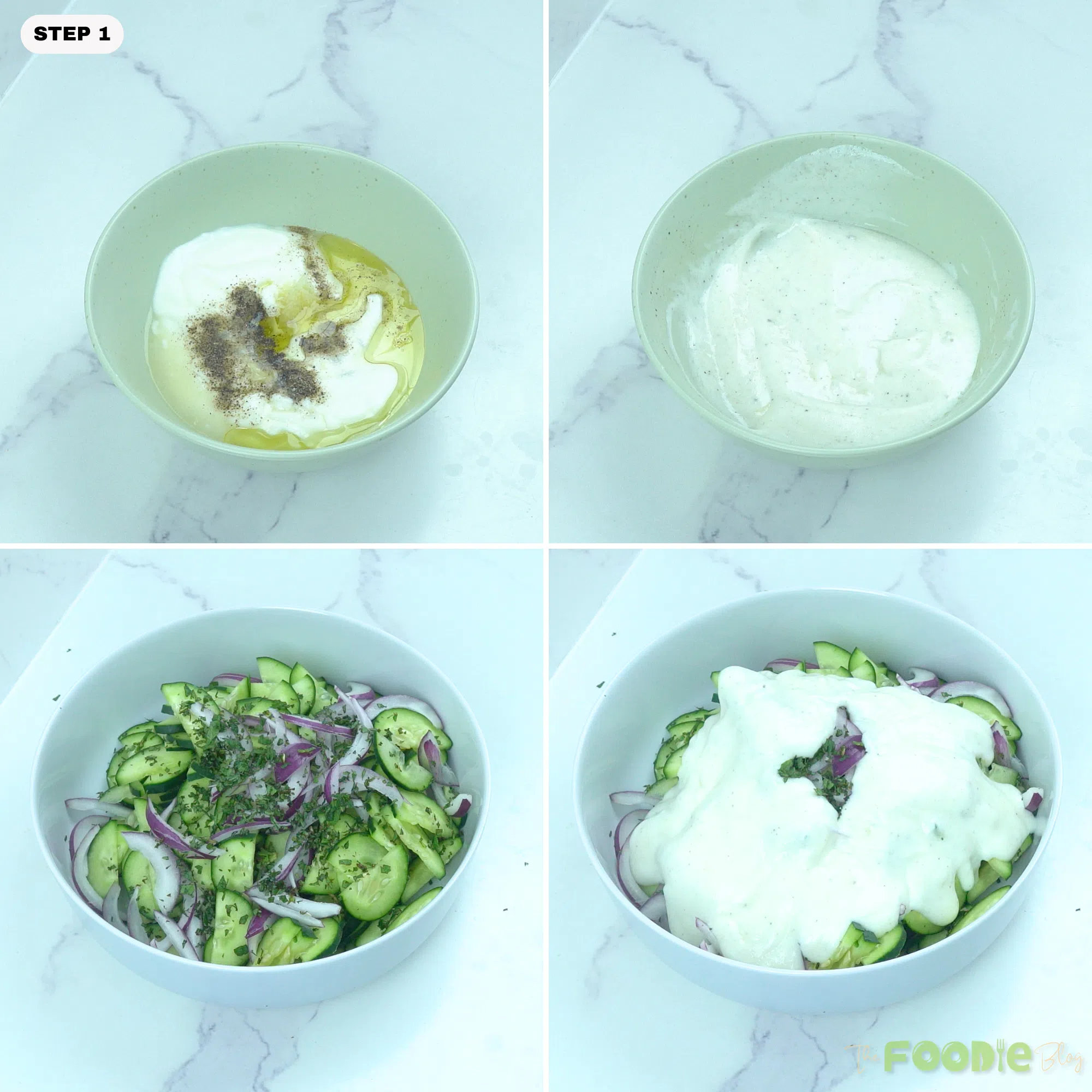 Step-by-step collage showing lemon yogurt dressing mixed in a bowl, sliced cucumbers and red onion added, and dressing poured over the salad.