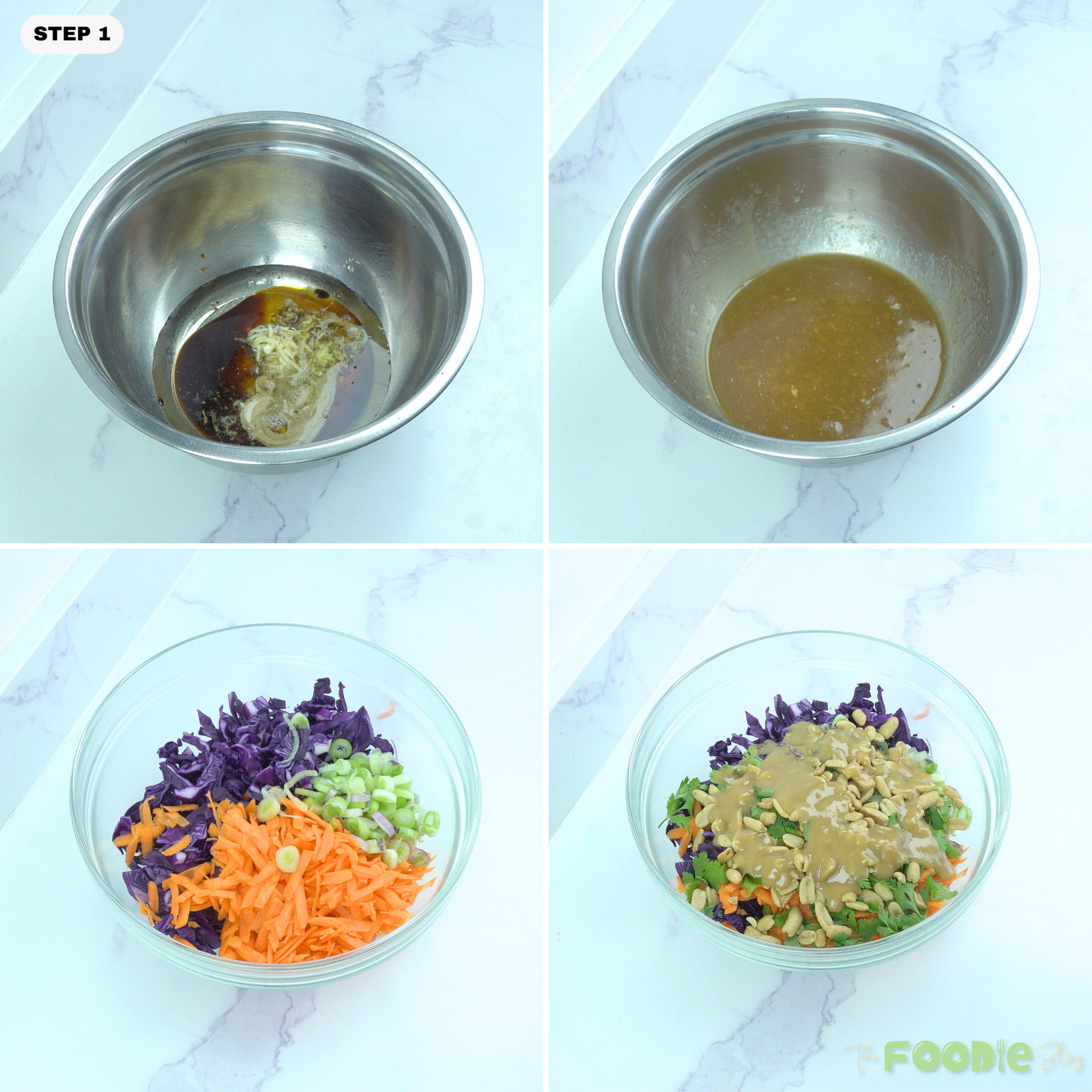 Sesame ginger dressing being mixed in a bowl, then poured over purple cabbage, carrots, green onions, cilantro, and peanuts.