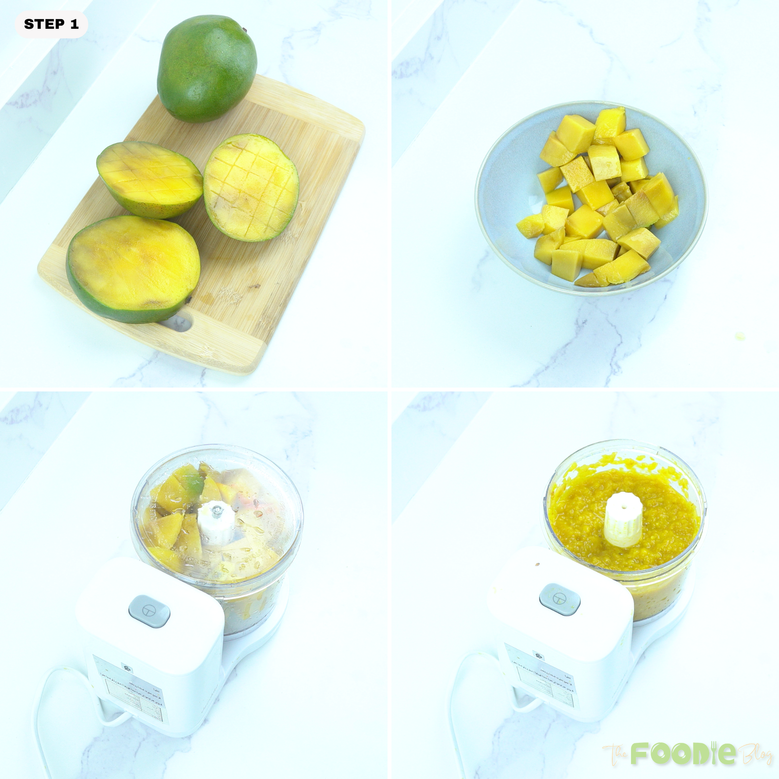 Step-by-step collage showing mango being cut, cubed, and blended into puree for mango mousse.