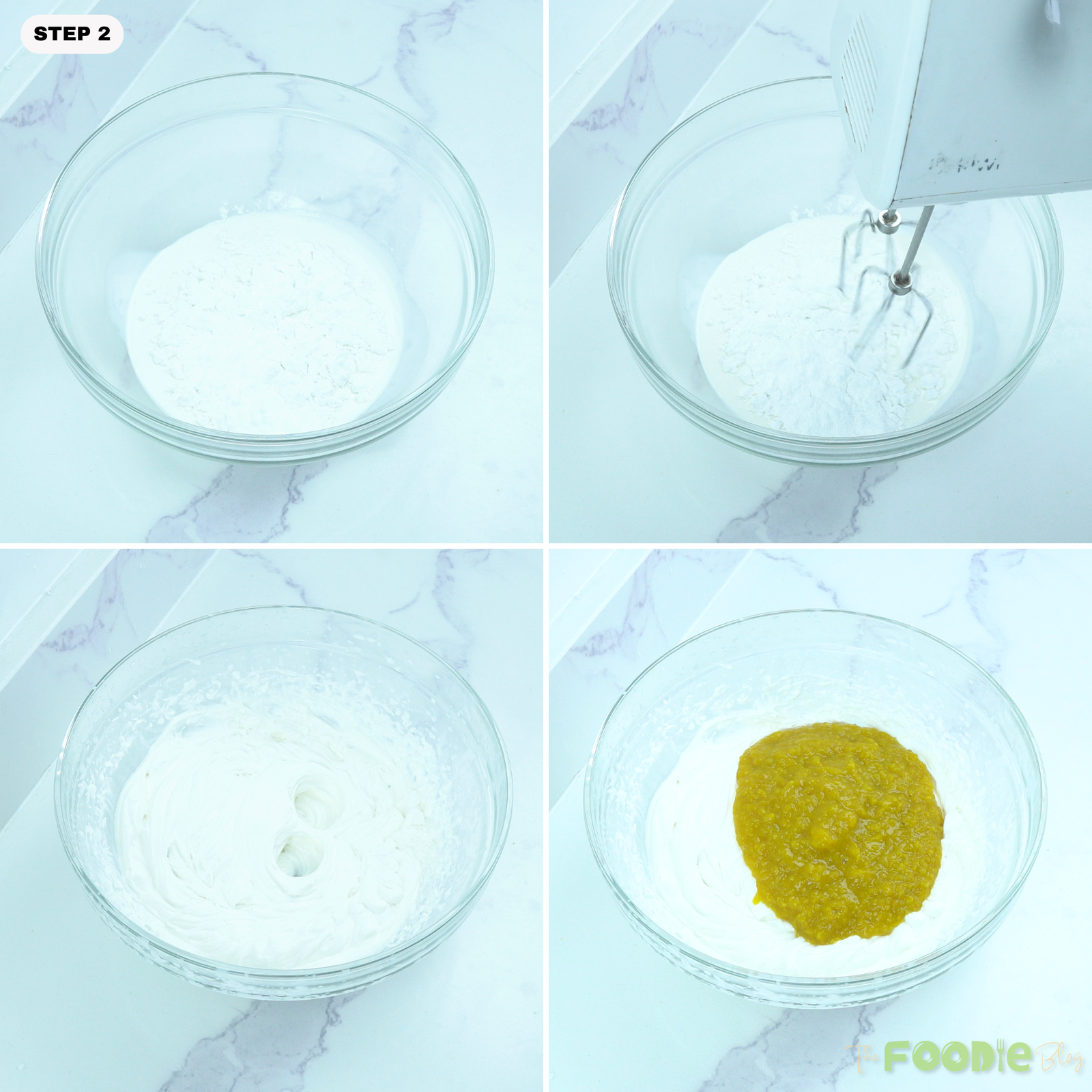 Step-by-step collage showing heavy cream and powdered sugar being whipped before mango puree is added.