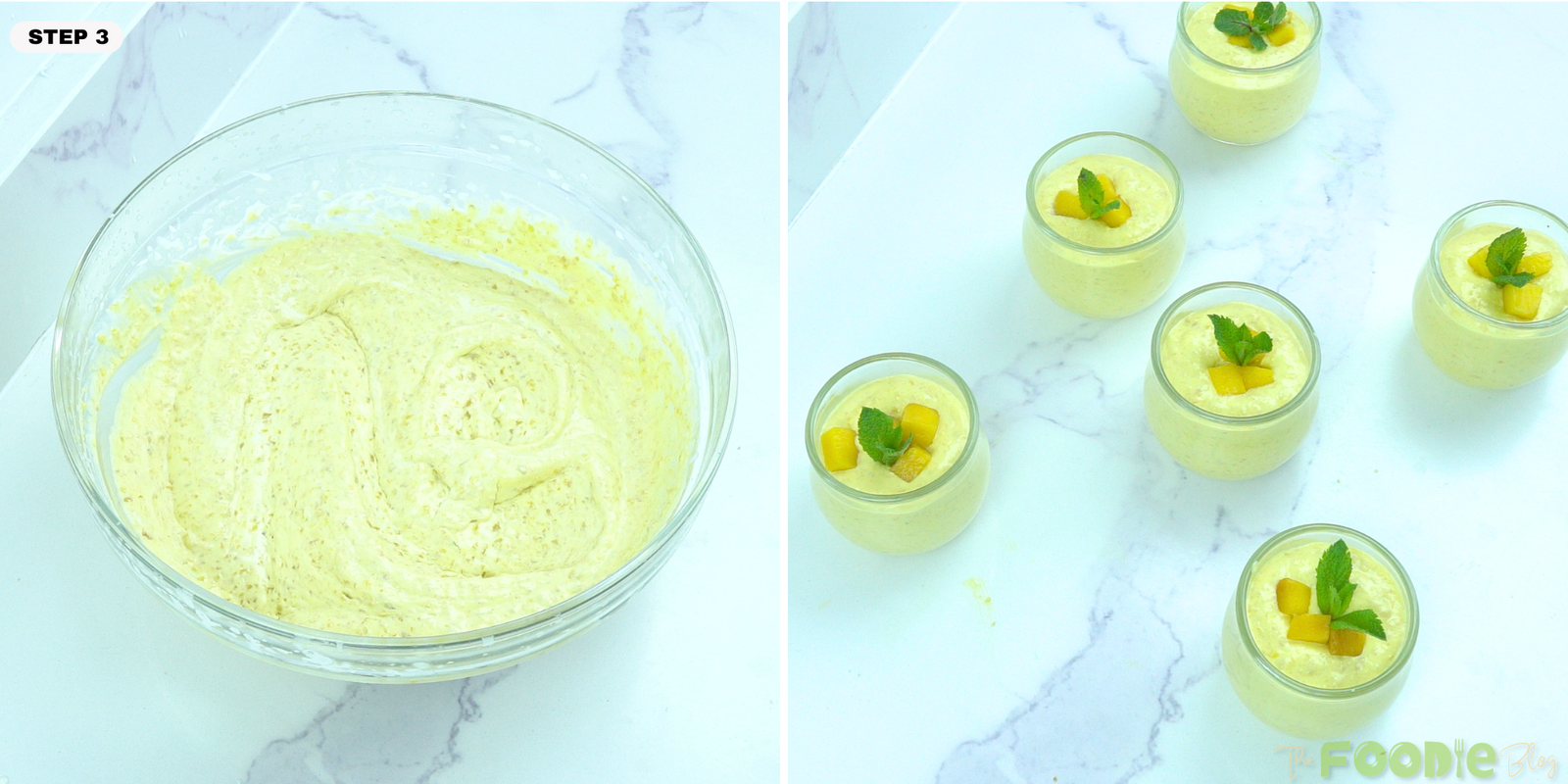 Step-by-step collage showing mango mousse mixed in a bowl and served in small jars with mango and mint.