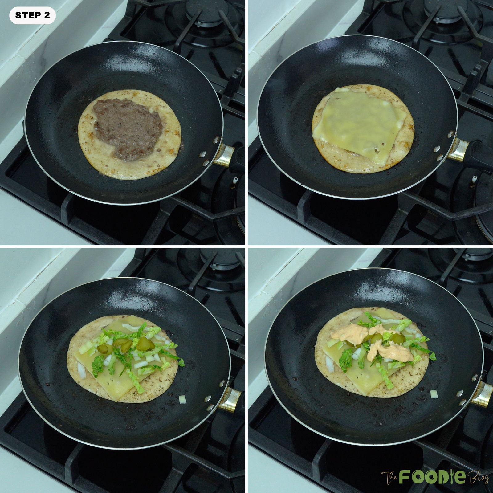 Step-by-step collage showing cooked beef on a tortilla topped with cheese, lettuce, onion, pickles, and burger sauce.