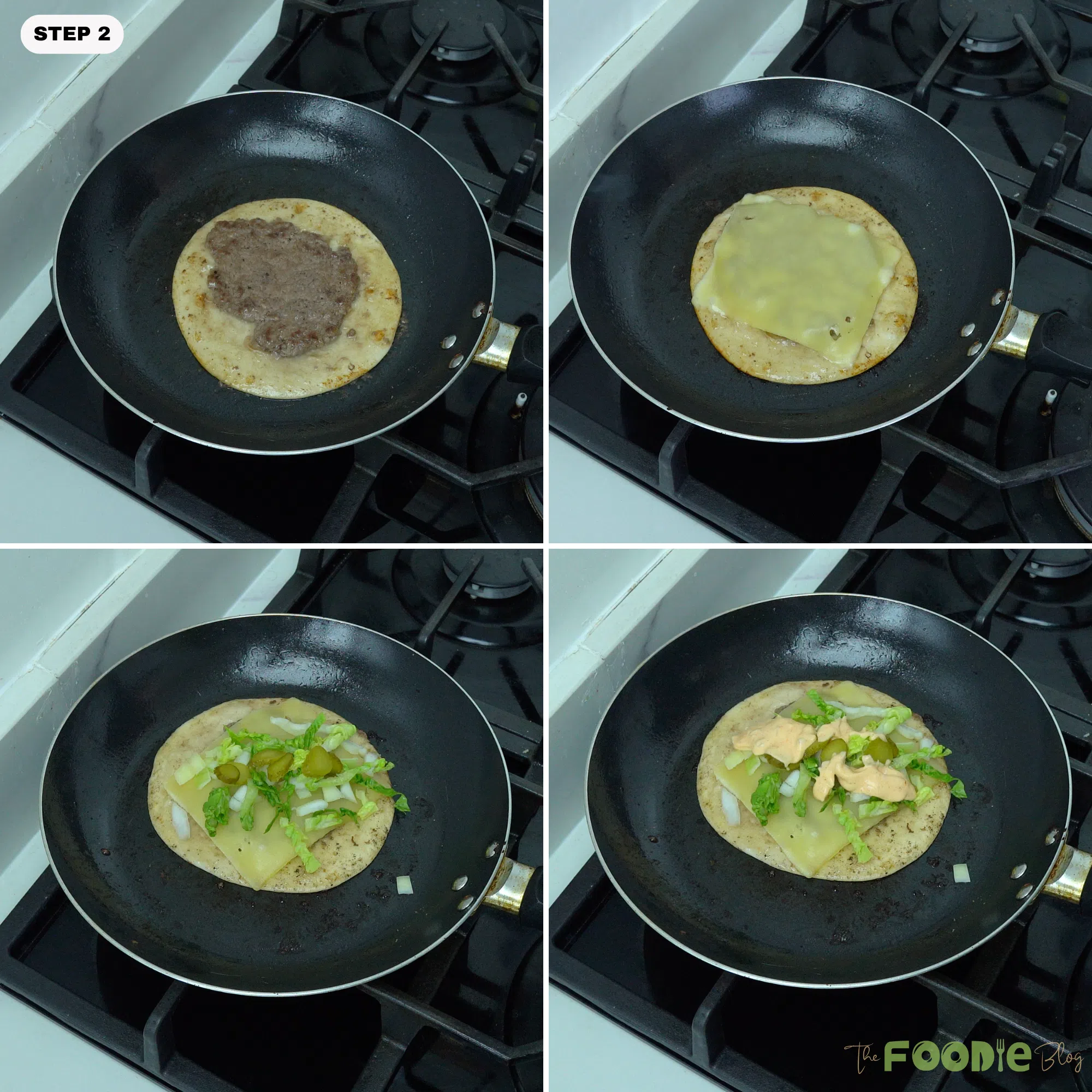 Step-by-step collage showing cooked beef on a tortilla topped with cheese, lettuce, onion, pickles, and burger sauce.