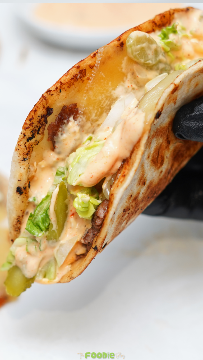 easy smash burger tacos with cheese lettuce pickles and special sauce