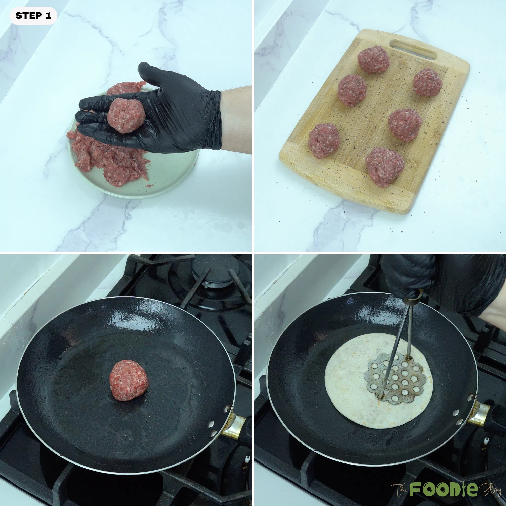 Step-by-step collage showing ground beef shaped into balls, seasoned, placed in a skillet, and pressed with a flour tortilla.
