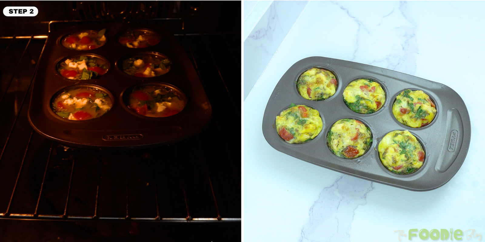Step-by-step image showing egg muffins baking in the oven and finished egg muffins in a muffin pan.