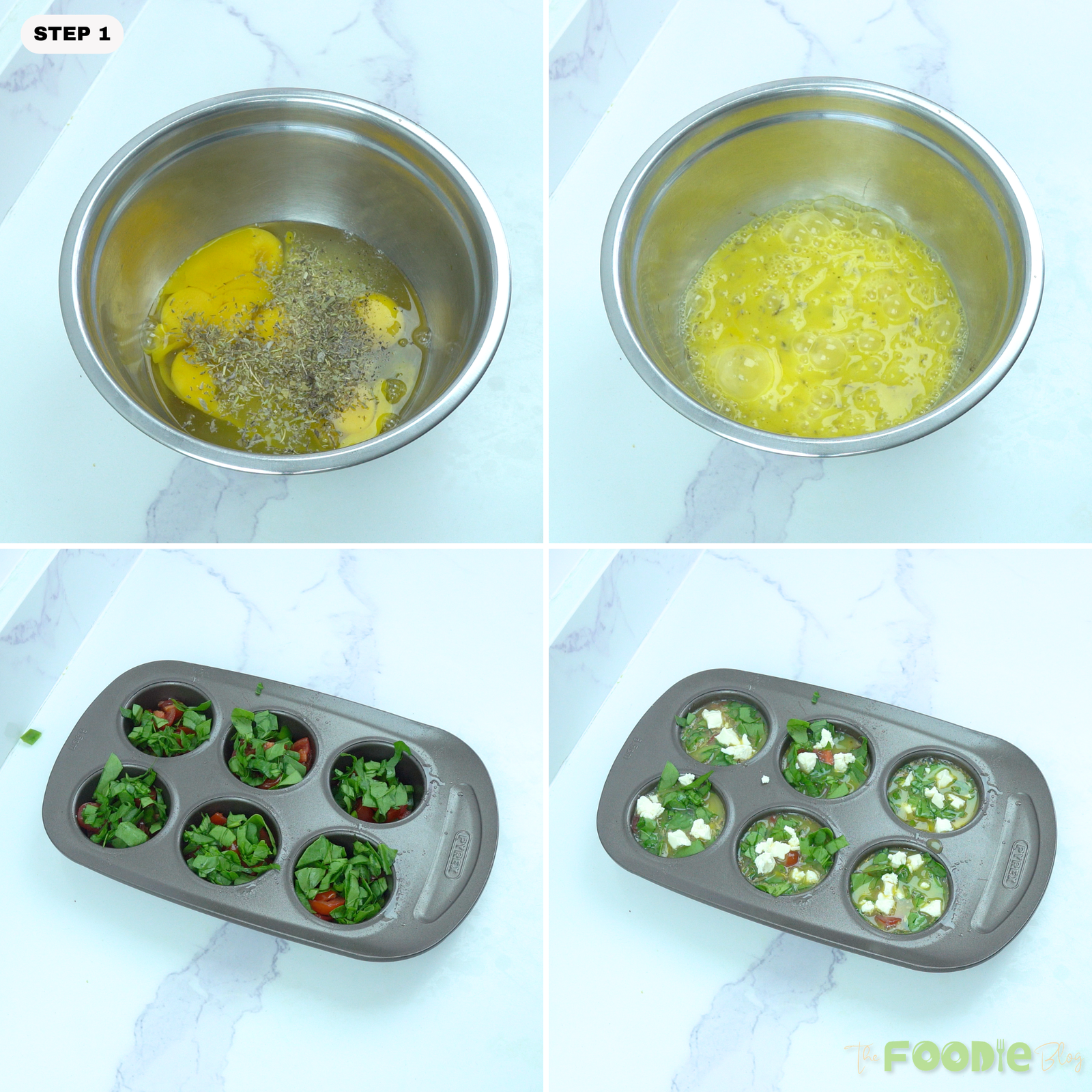 Step-by-step collage showing eggs whisked with herbs, vegetables added to a muffin pan, and feta added before baking.