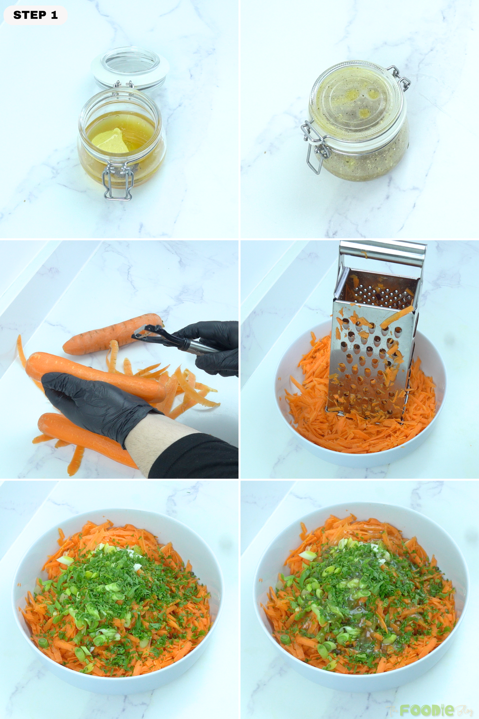 Step-by-step collage showing honey Dijon dressing mixed in a jar, carrots peeled and grated, green onion and parsley added, and dressing poured over the salad.