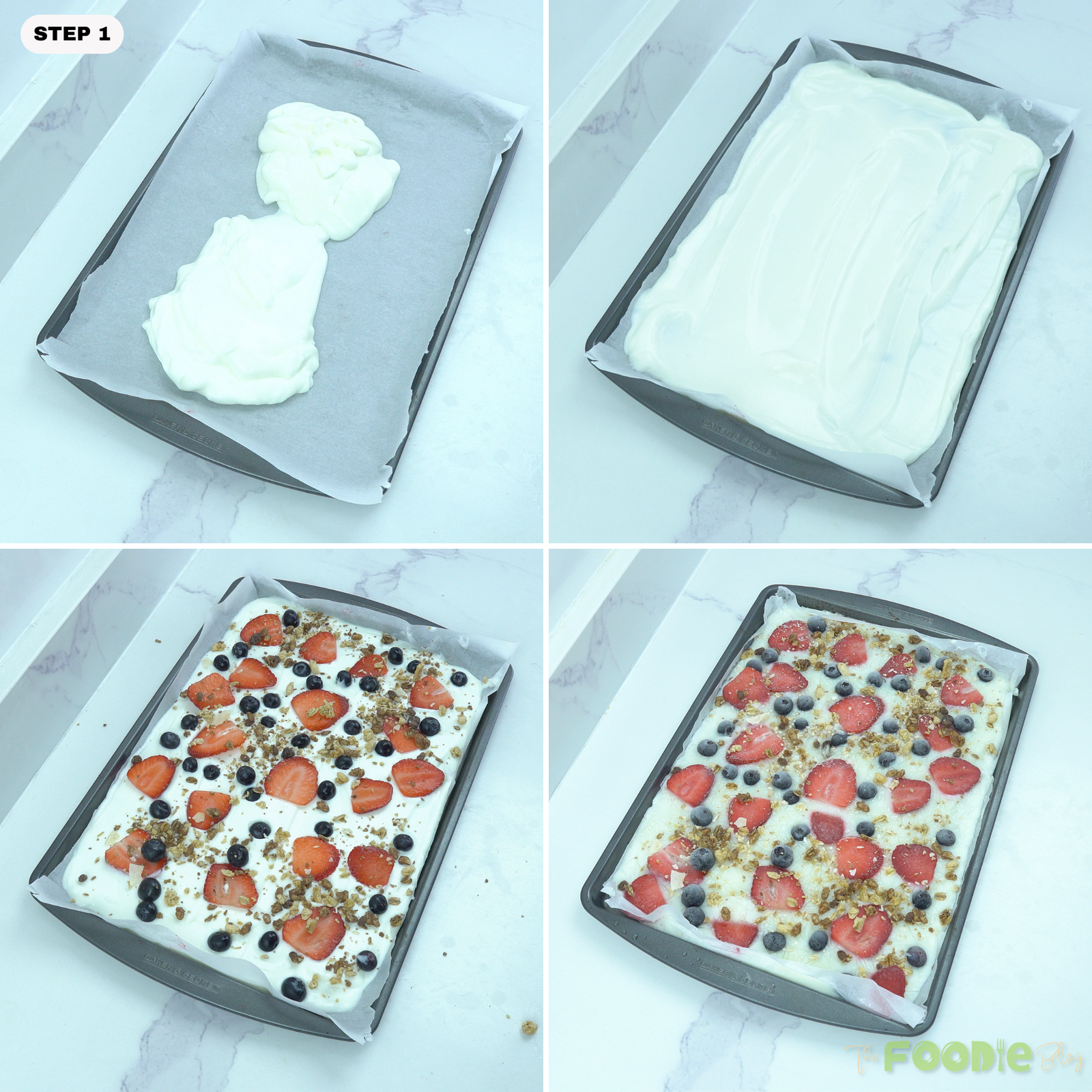 Step-by-step collage showing vanilla yogurt spread on parchment and topped with strawberries, blueberries, and granola.
