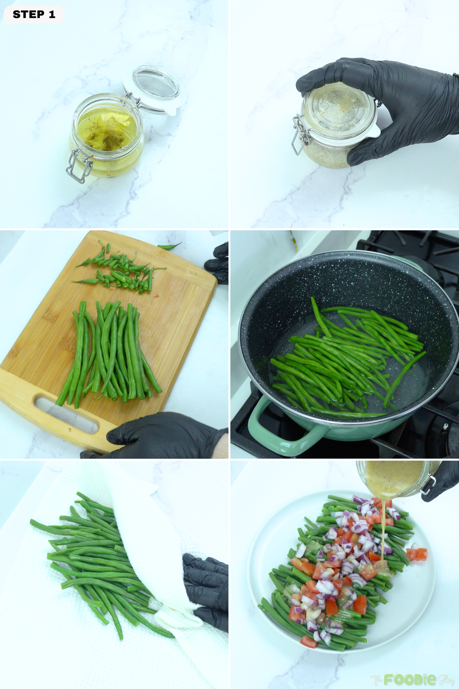 Step-by-step collage showing lemon Dijon dressing mixed in a jar, green beans trimmed and boiled, dried on a towel, then topped with tomato, onion, and dressing.