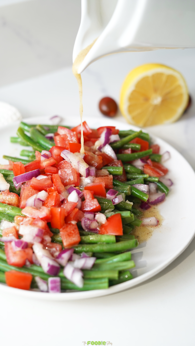green bean and tomato salad with red onion and lemon dressing