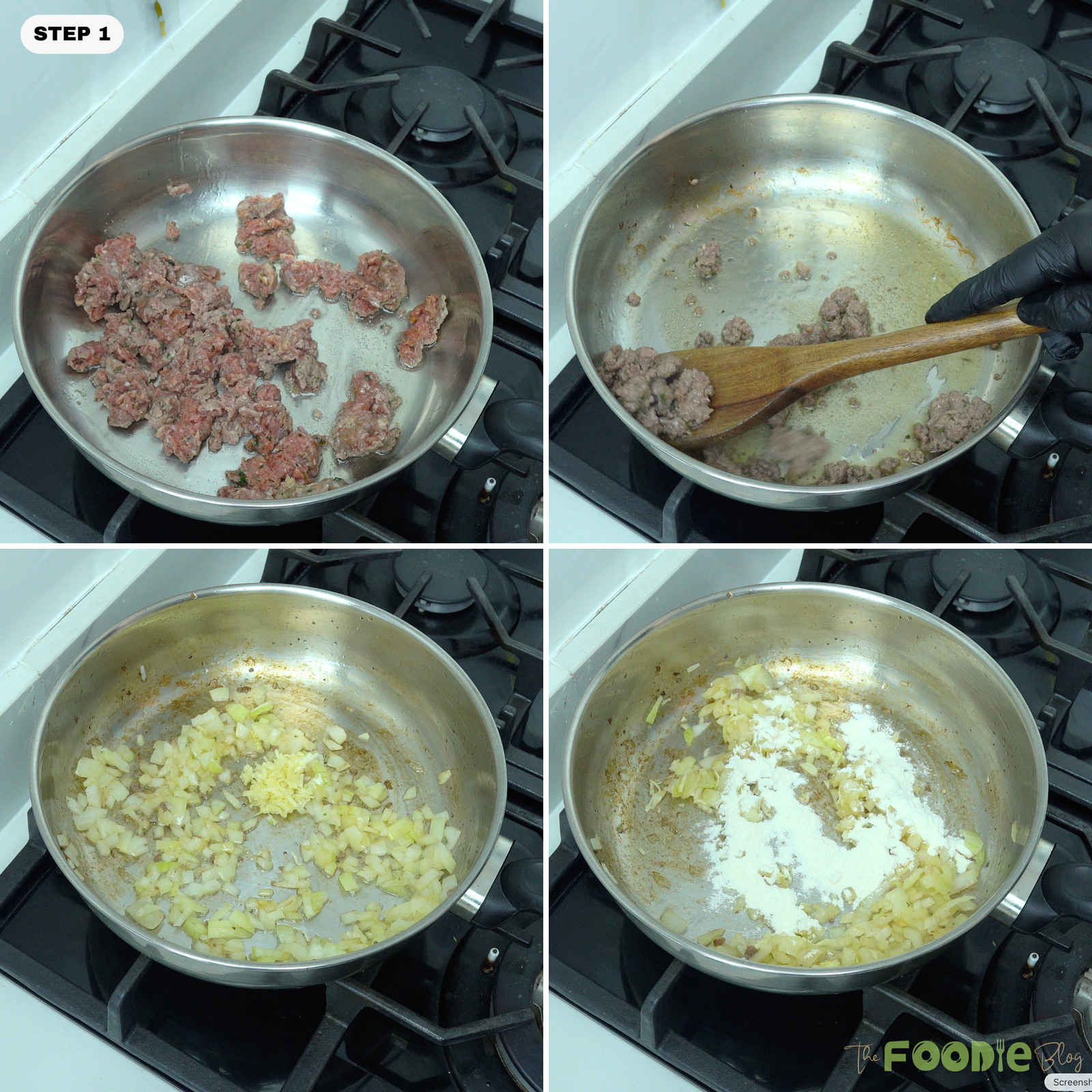 Step-by-step collage showing ground beef browning in a skillet, onion and garlic cooking, and flour added to the pan.