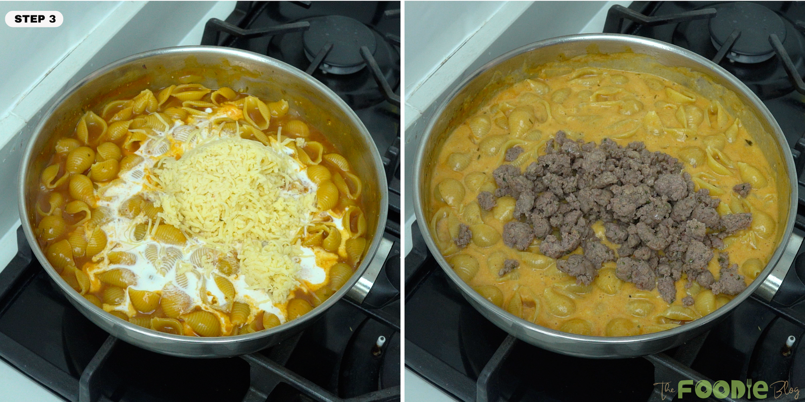 Step-by-step collage showing heavy cream and shredded cheddar added to cooked pasta, then browned ground beef stirred back in.