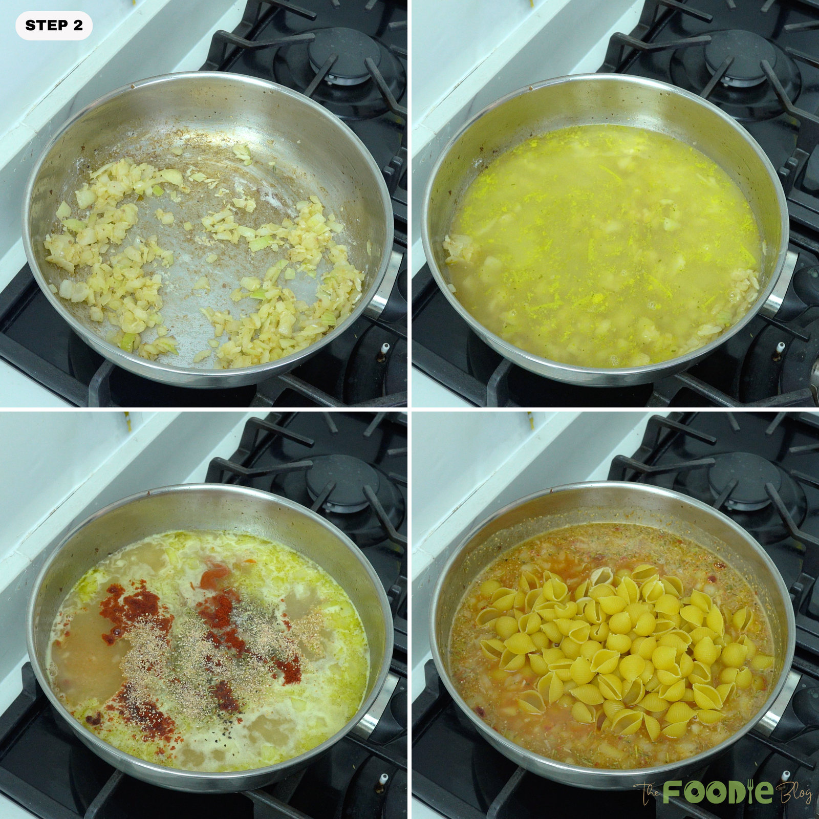 Step-by-step collage showing broth, tomato sauce, seasonings, and small pasta shells added to the skillet.