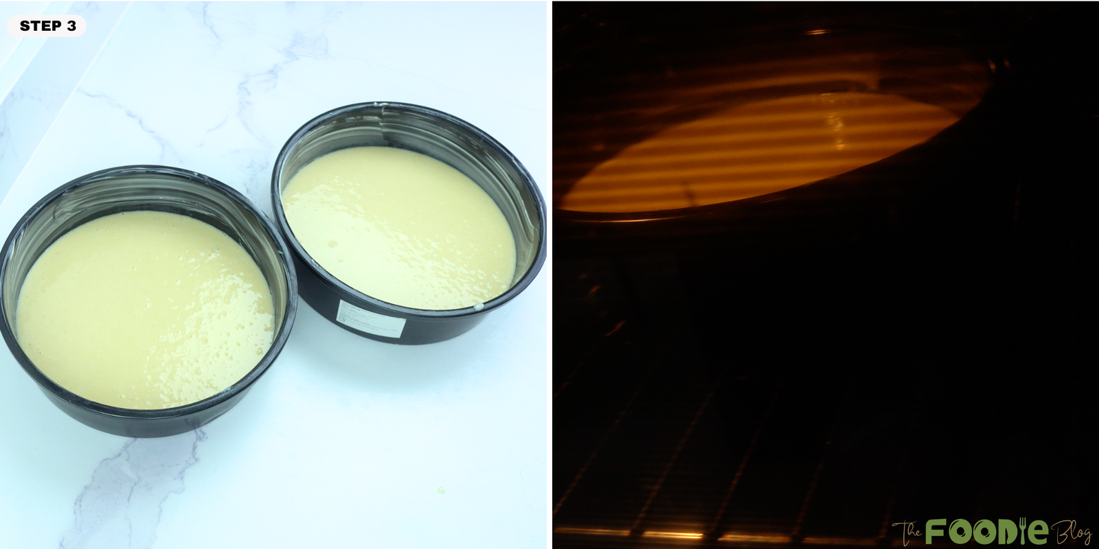 Vanilla cake batter divided into round pans and baking in the oven.