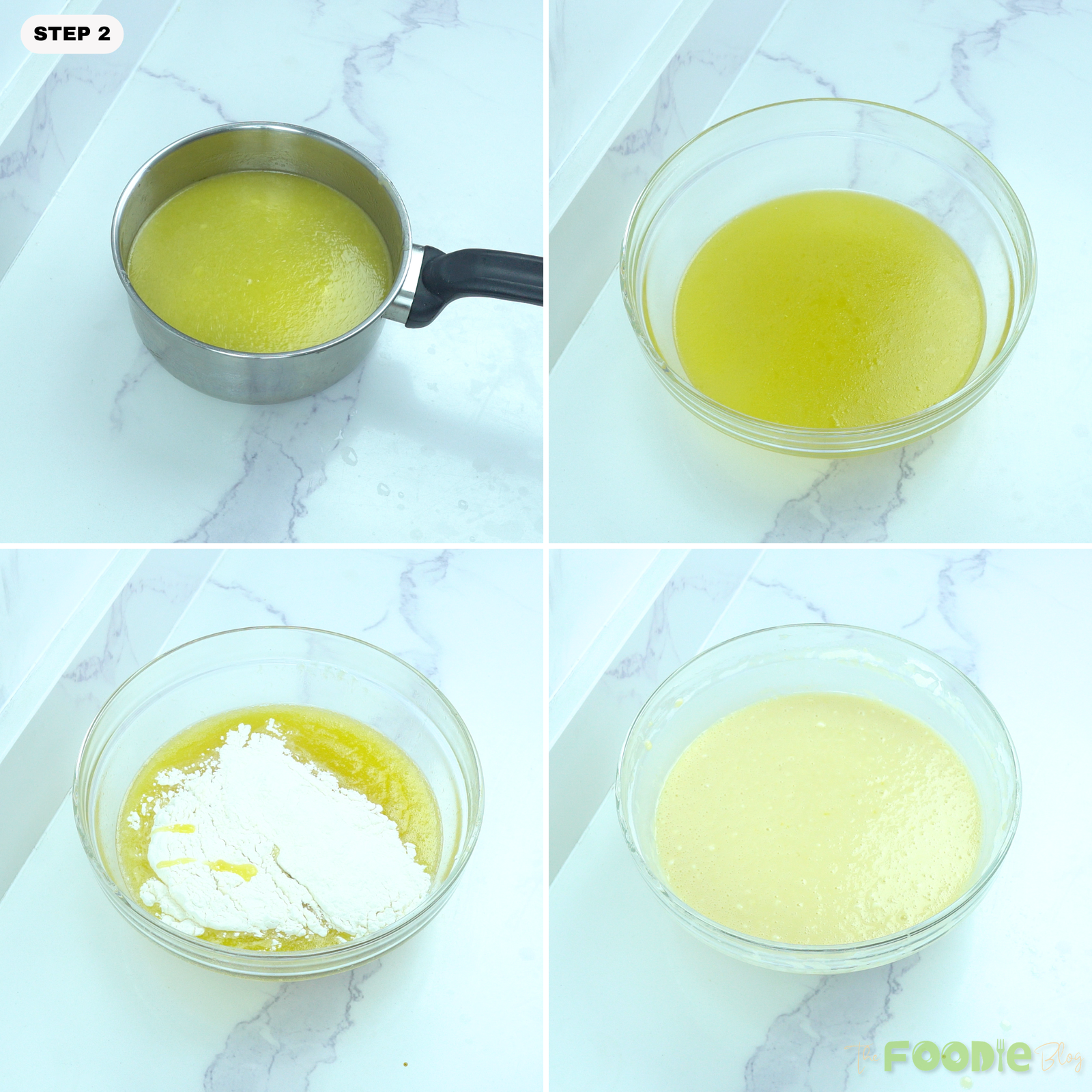 Melted butter mixture in a bowl with dry ingredients added and whisked into a smooth cake batter.