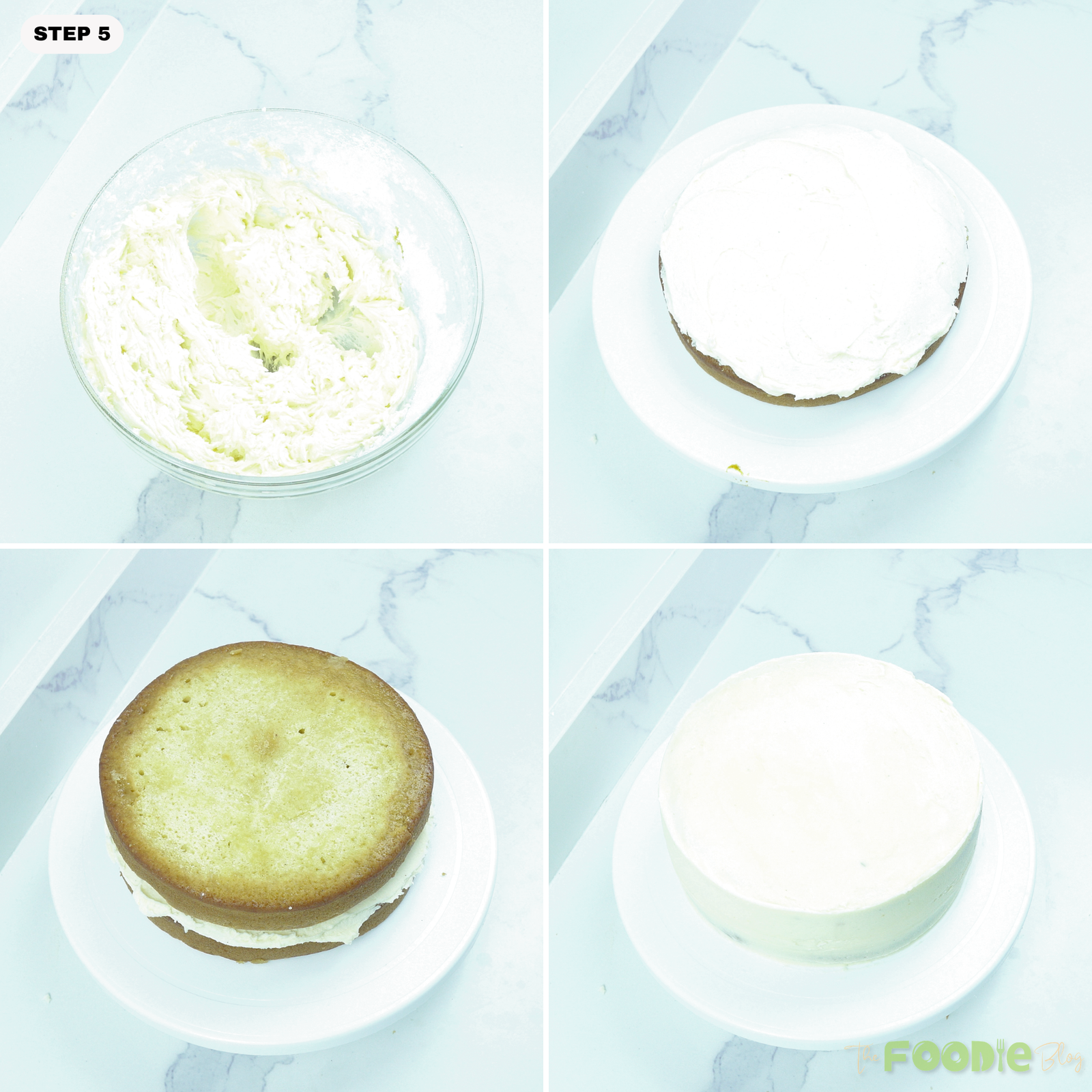 Vanilla cake layers being stacked and covered with smooth buttercream frosting on a white turntable.