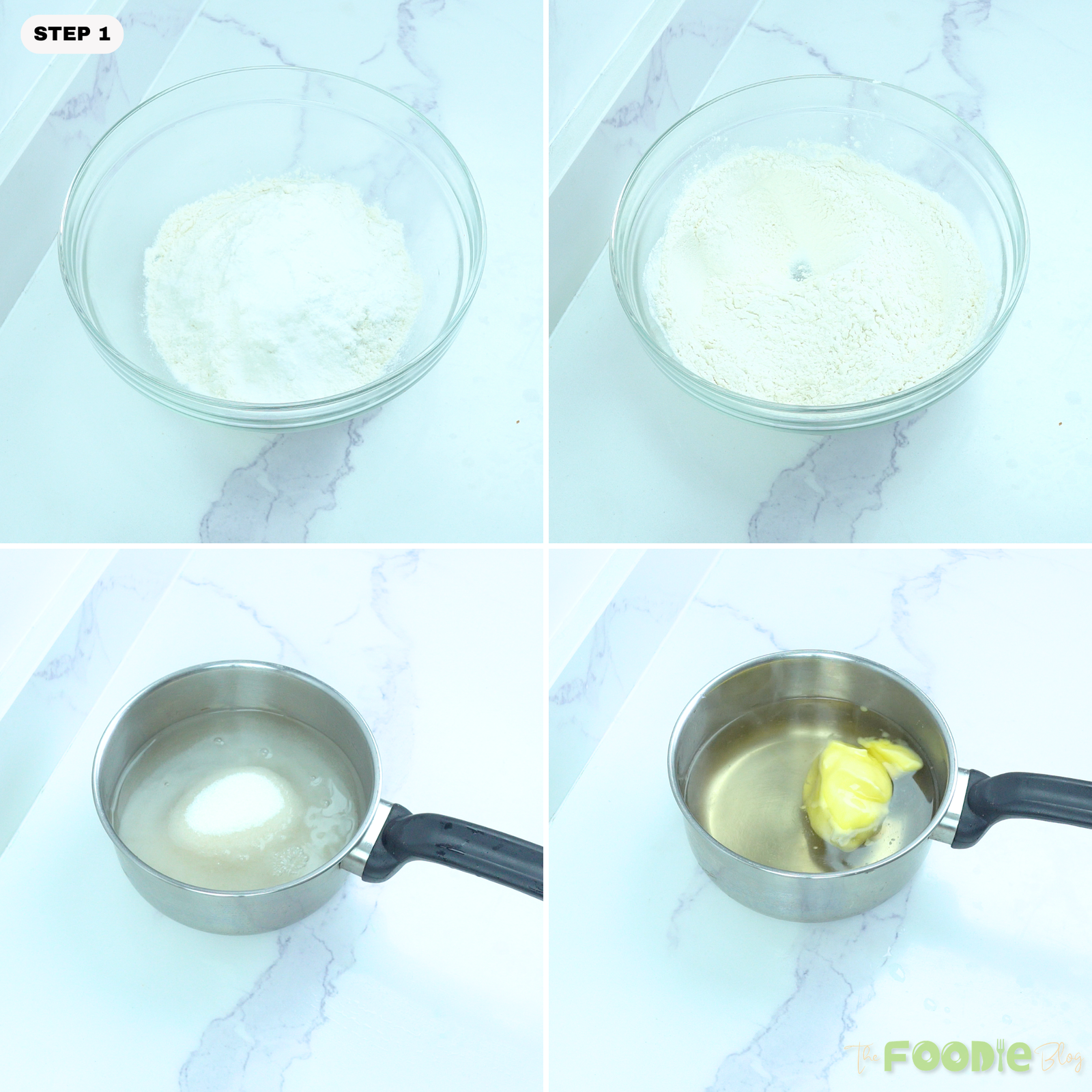 Collage showing dry ingredients whisked in a bowl and sugar, water, and butter added to a saucepan.