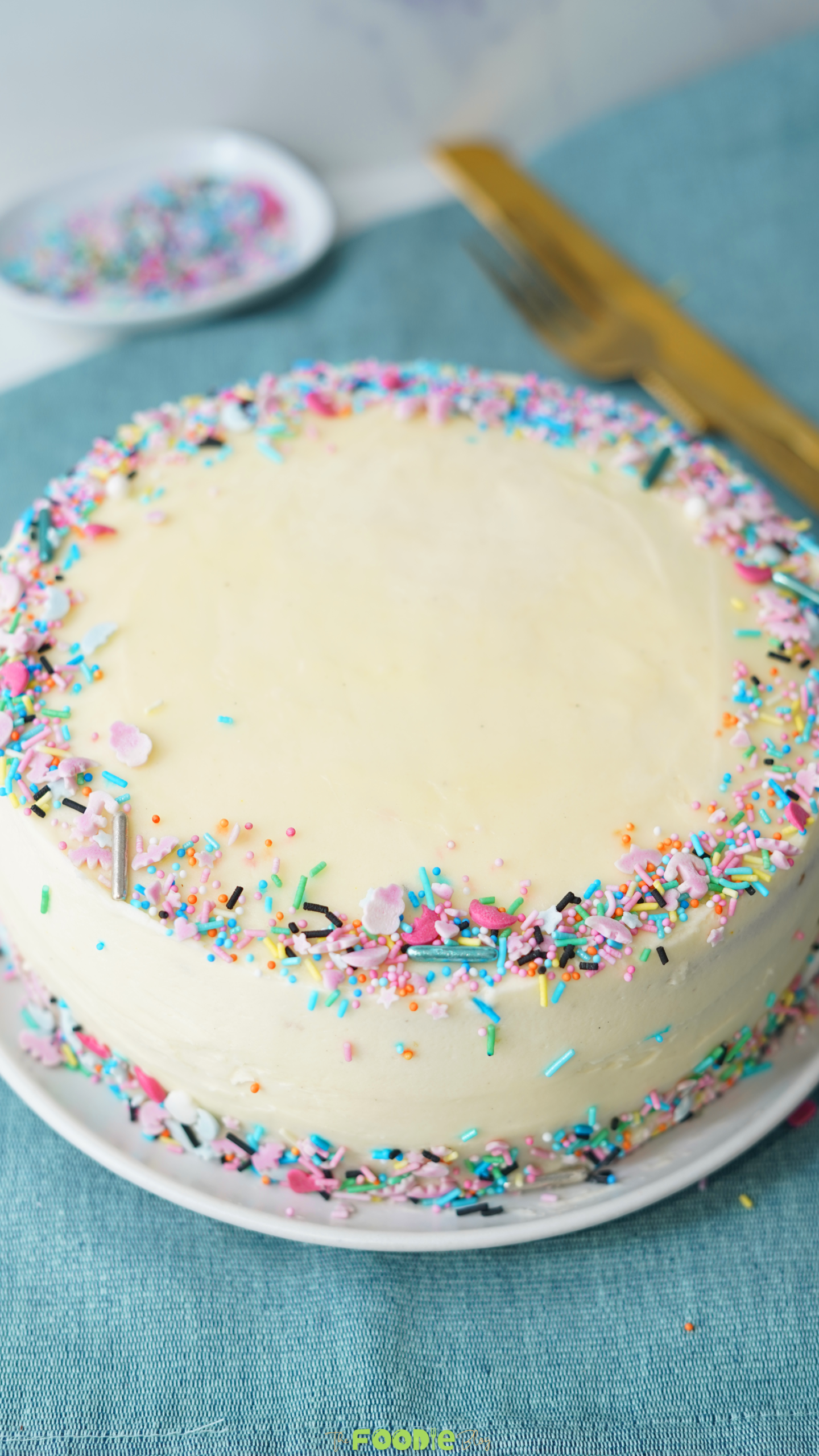 homemade fluffy vanilla cake with vanilla frosting and rainbow sprinkles