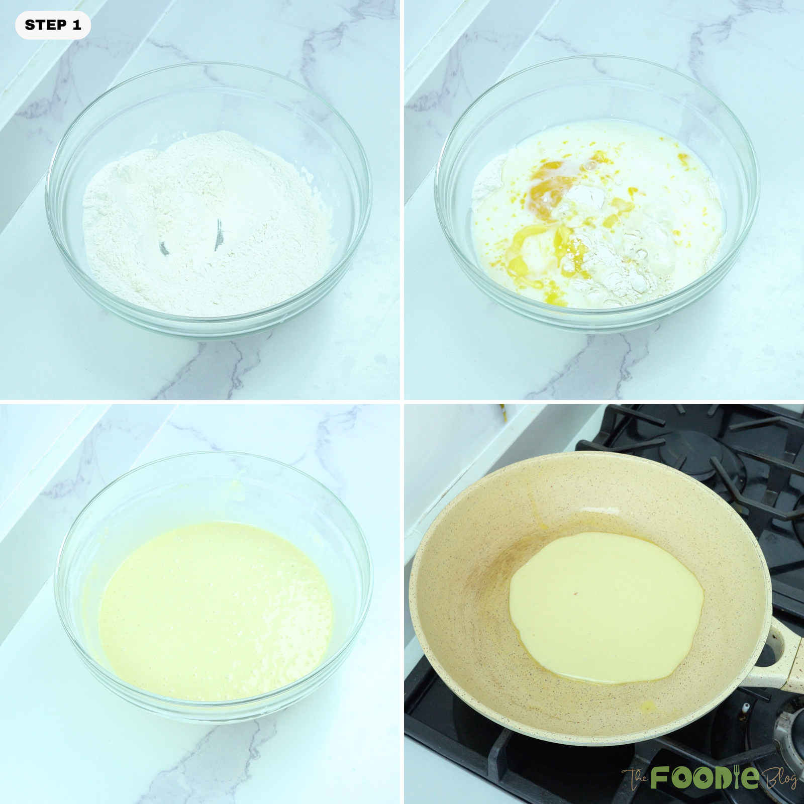 Collage showing dry ingredients, milk, eggs, melted butter, mixed batter, and pancake batter poured into a skillet.