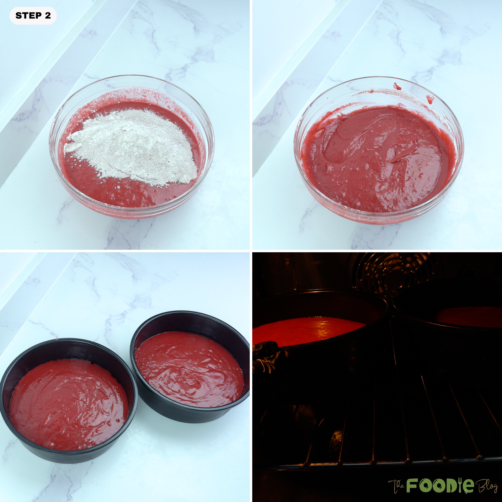 Step-by-step collage showing dry ingredients folded into red cake batter, batter poured into two round pans, and cake layers baking in the oven.