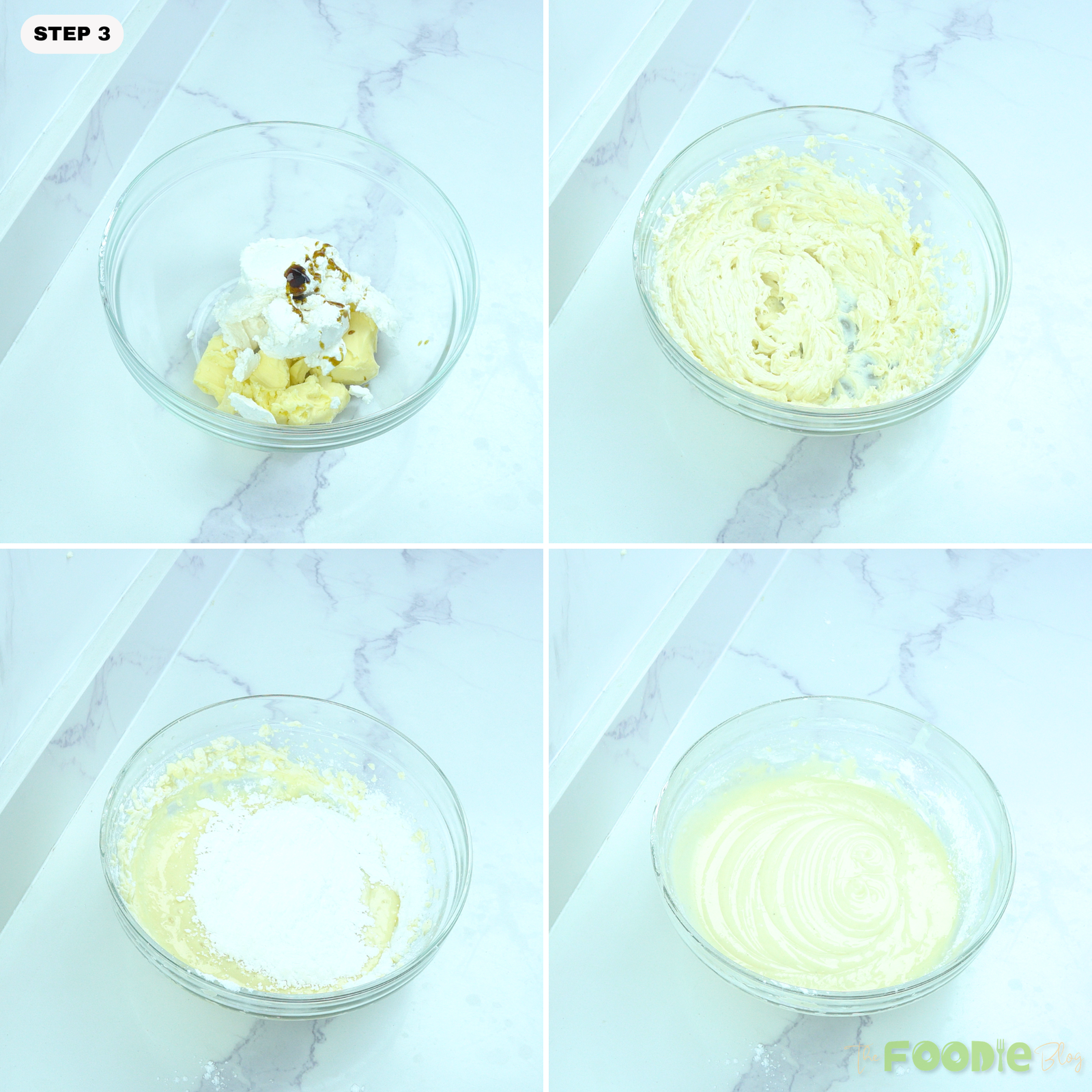 Step-by-step collage showing cream cheese, butter, vanilla, and powdered sugar mixed into a smooth frosting.