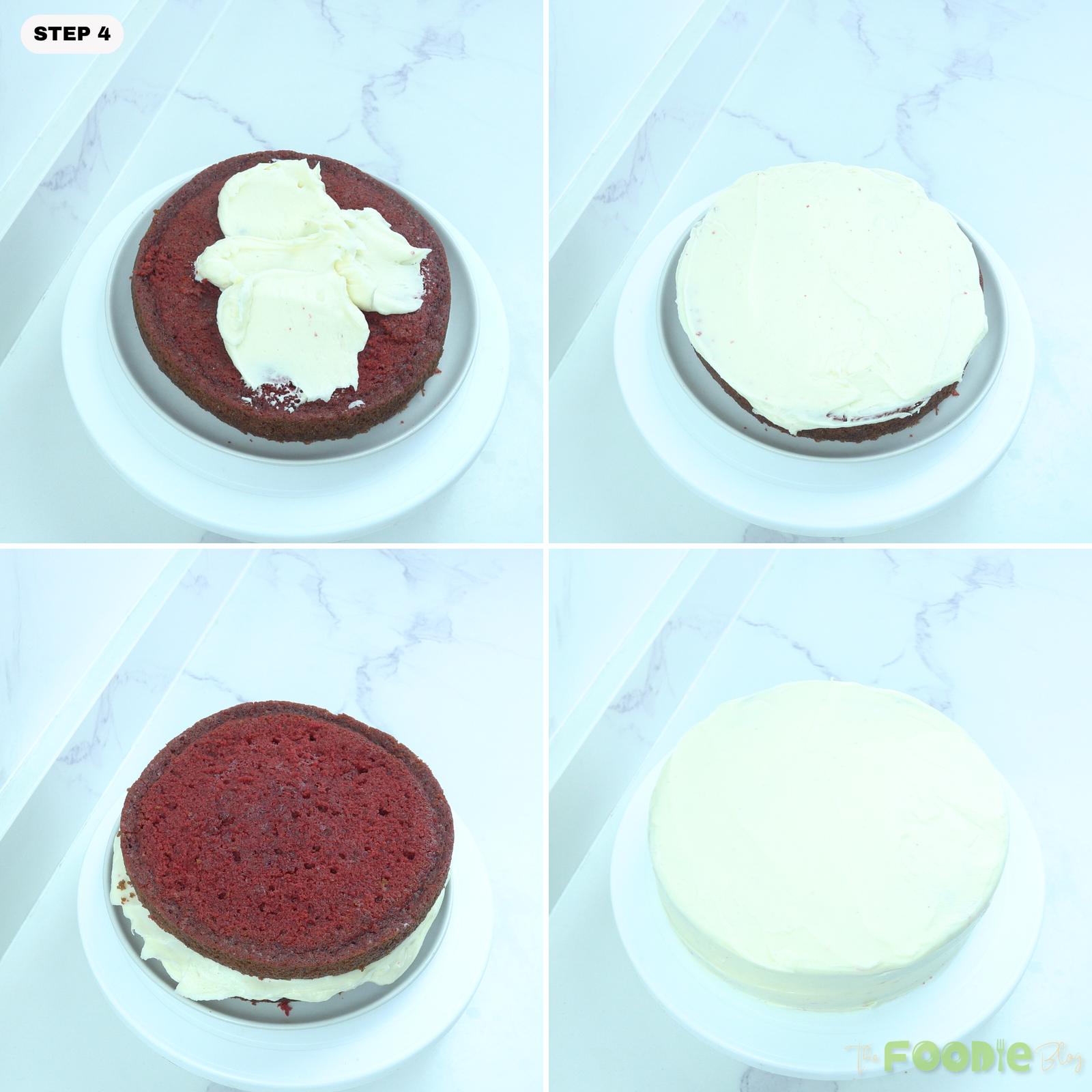 Step-by-step collage showing cream cheese frosting spread over red velvet cake layers and the finished frosted cake.