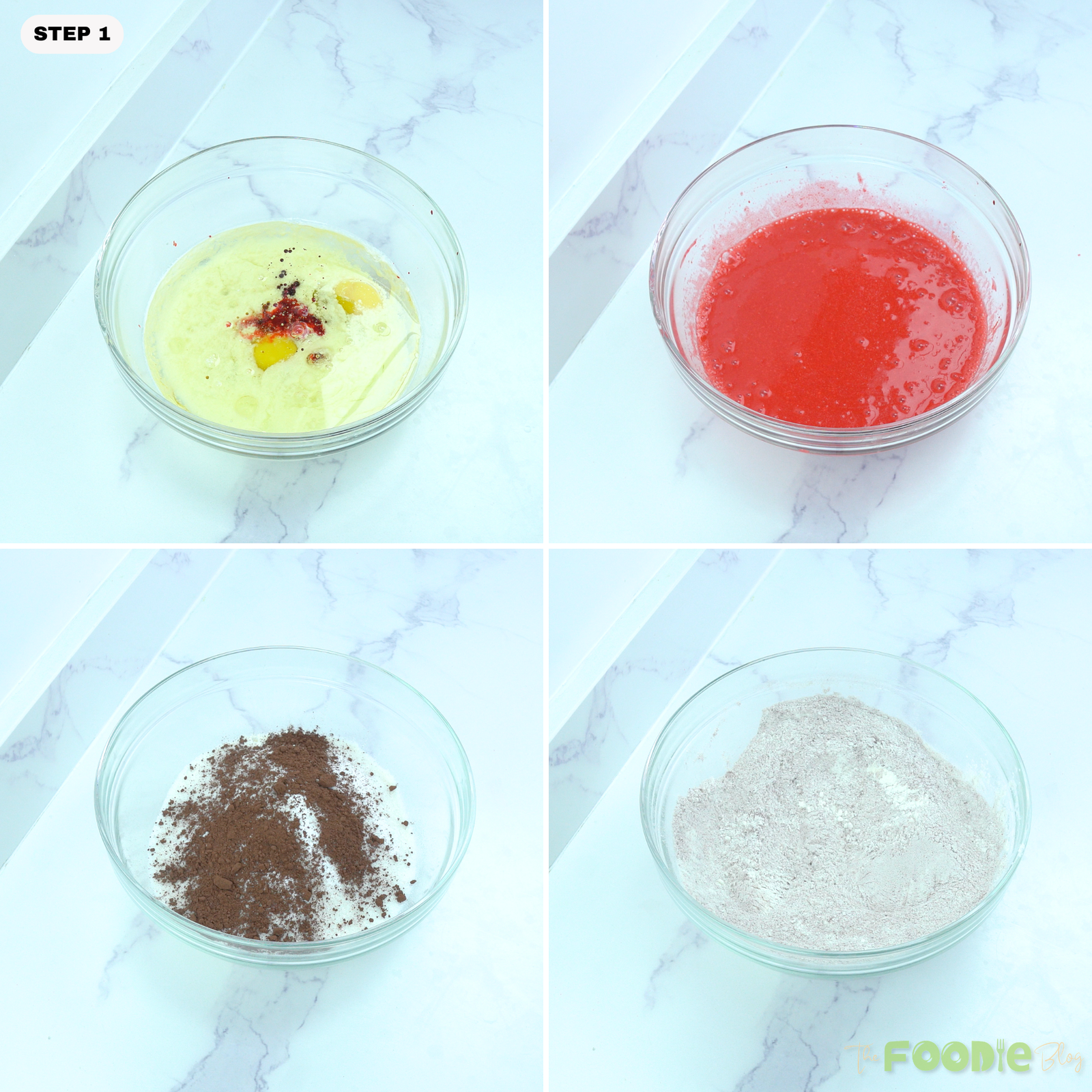 Step-by-step collage showing wet ingredients mixed with red food coloring and dry ingredients whisked with cocoa powder for red velvet cake batter.