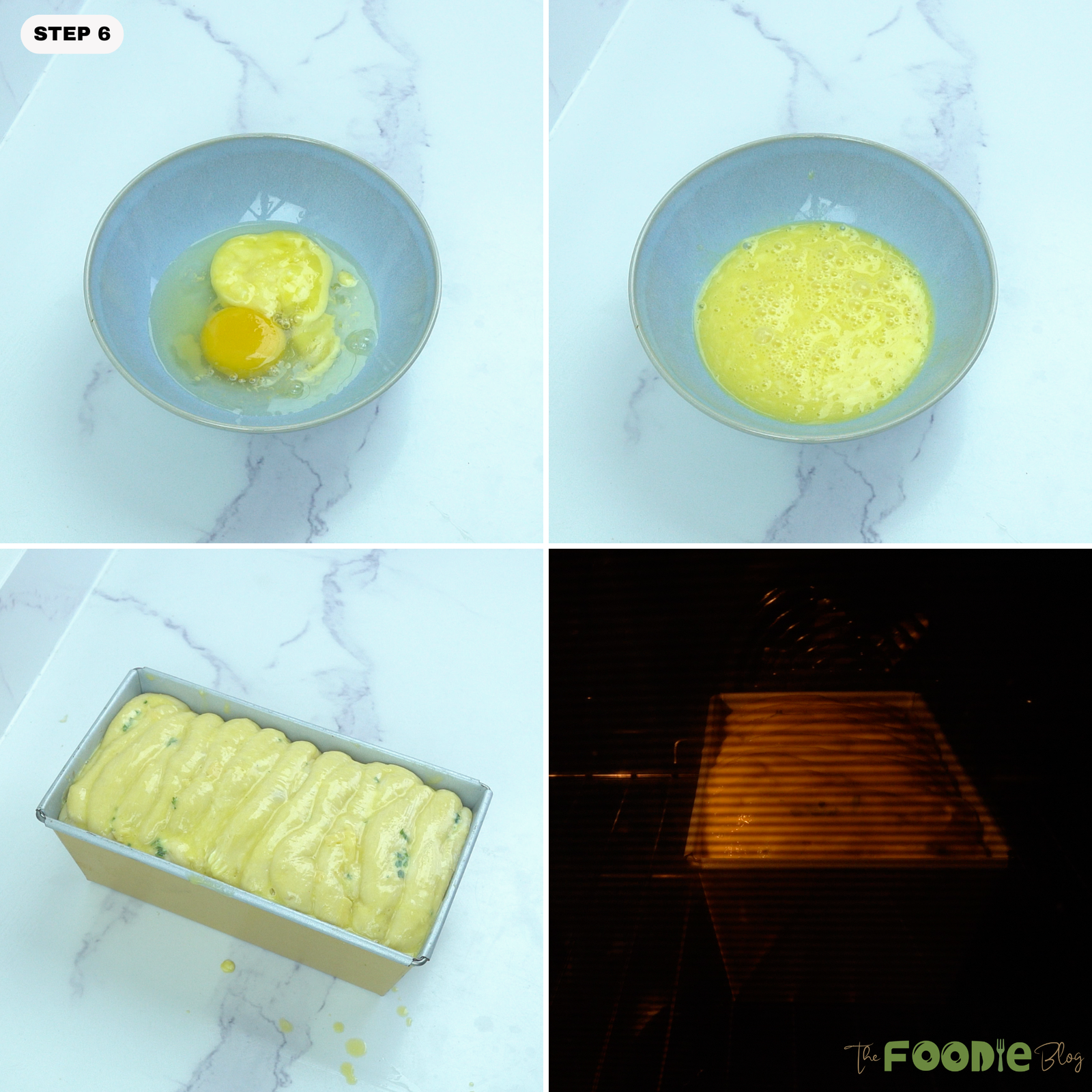 Step-by-step collage showing egg wash, brushed dough in a loaf pan, and the bread baking in the oven.