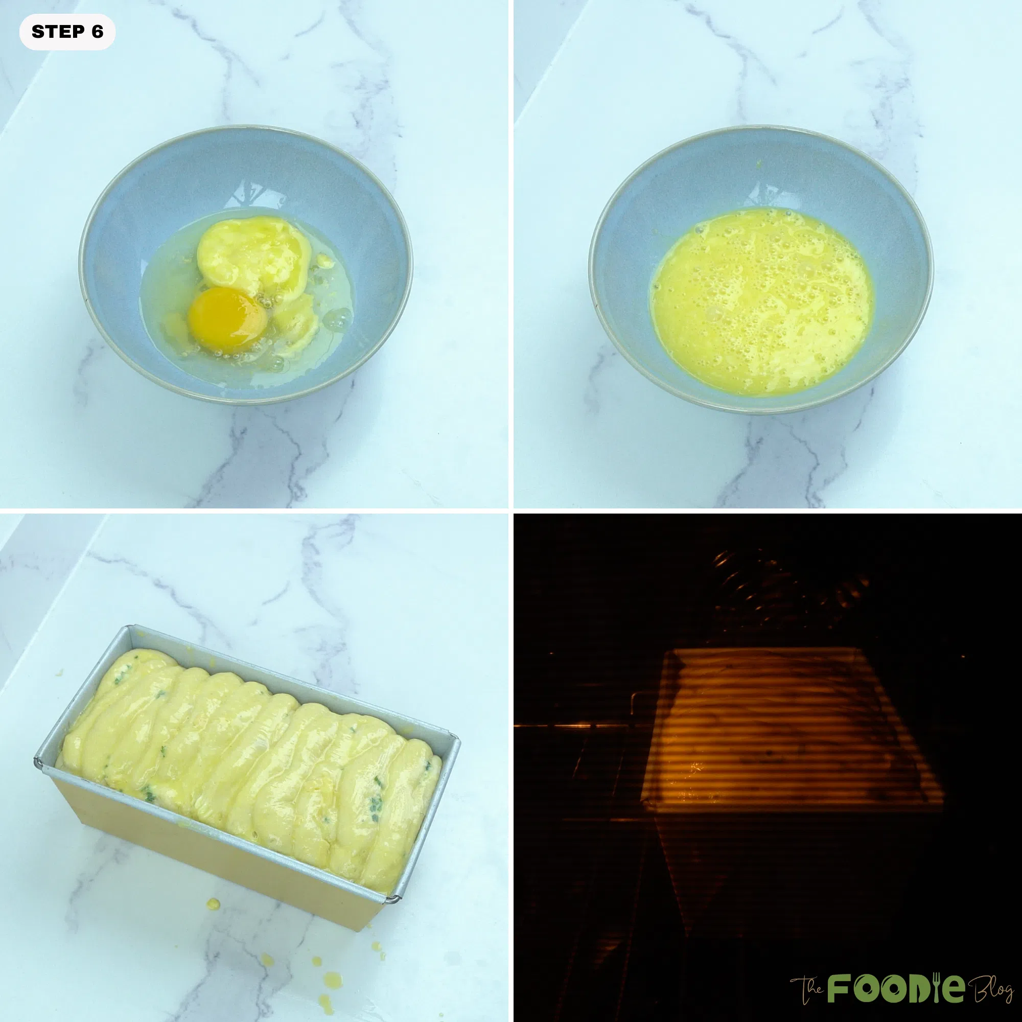 Step-by-step collage showing egg wash, brushed dough in a loaf pan, and the bread baking in the oven.