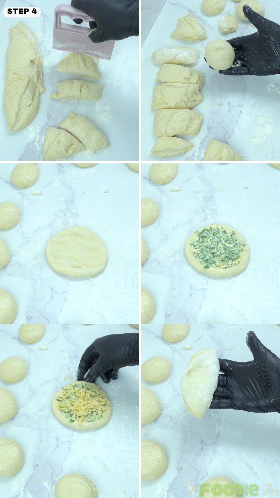 Step-by-step process of shaping sourdough dough, adding garlic herb cheese filling, and folding it for pull apart bread.